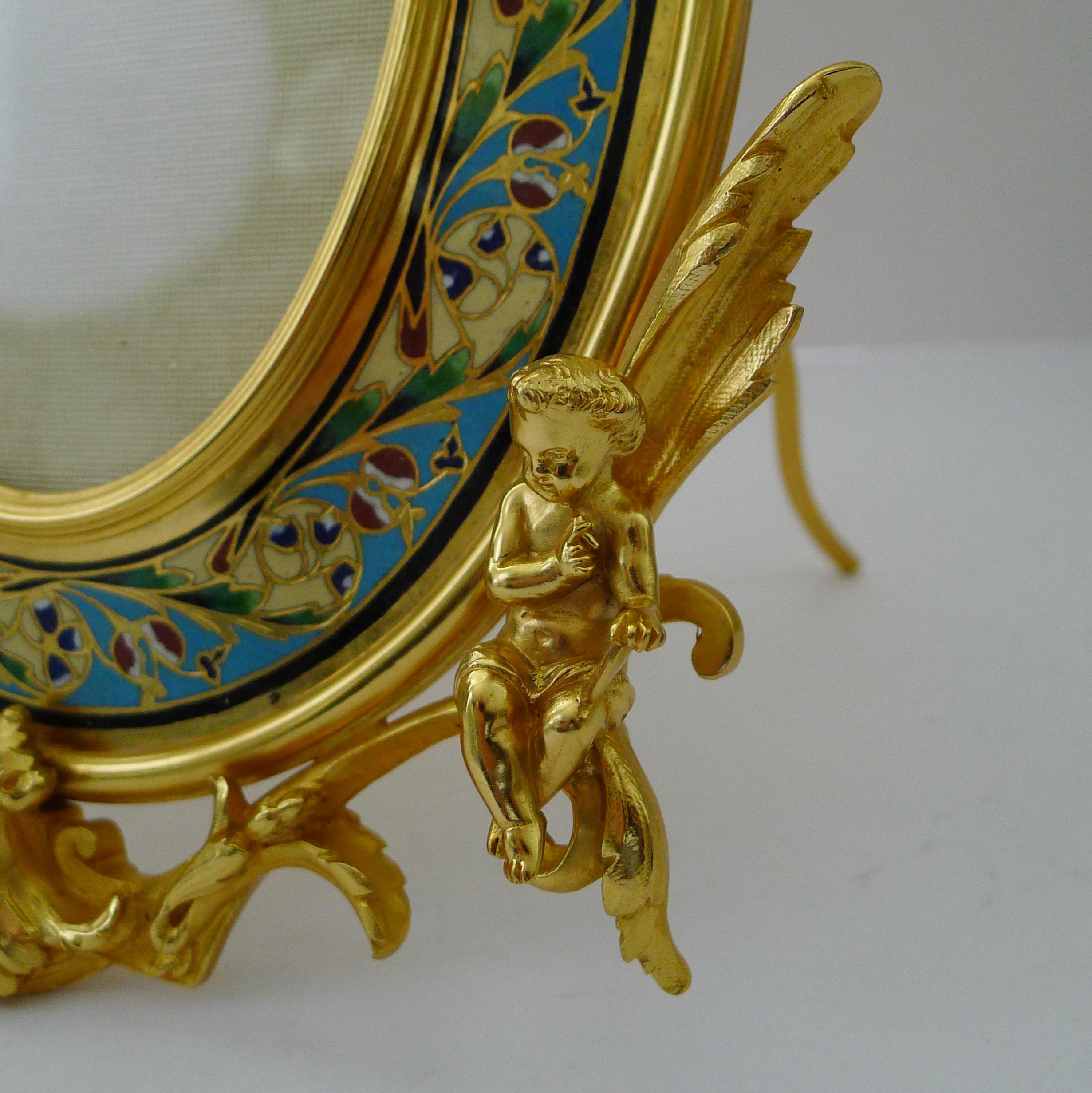 Late Victorian Fine Antique French Gilded Bronze and Champleve Enamel Photograph Frame, c1890  For Sale
