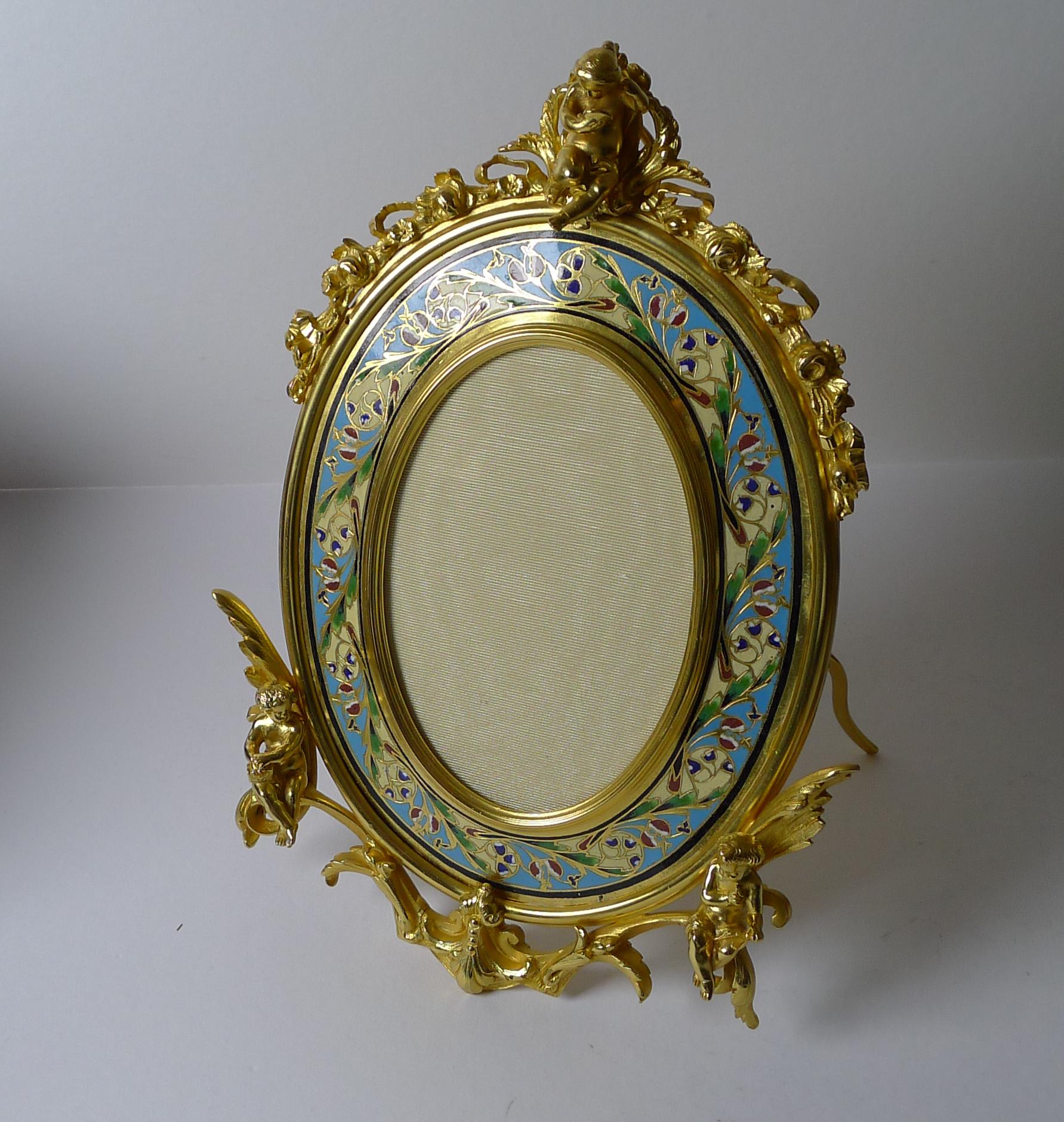Late 19th Century Fine Antique French Gilded Bronze and Champleve Enamel Photograph Frame, c1890  For Sale