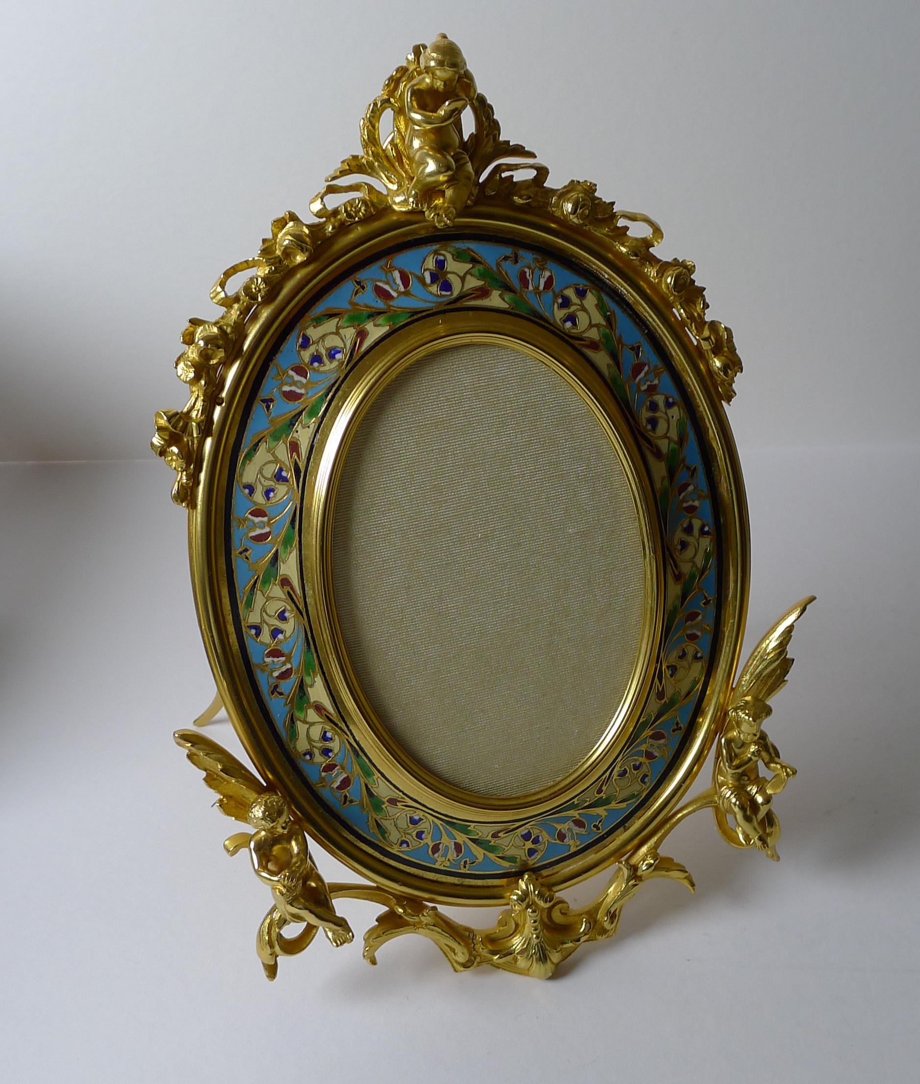 Fine Antique French Gilded Bronze and Champleve Enamel Photograph Frame, c1890  For Sale 2