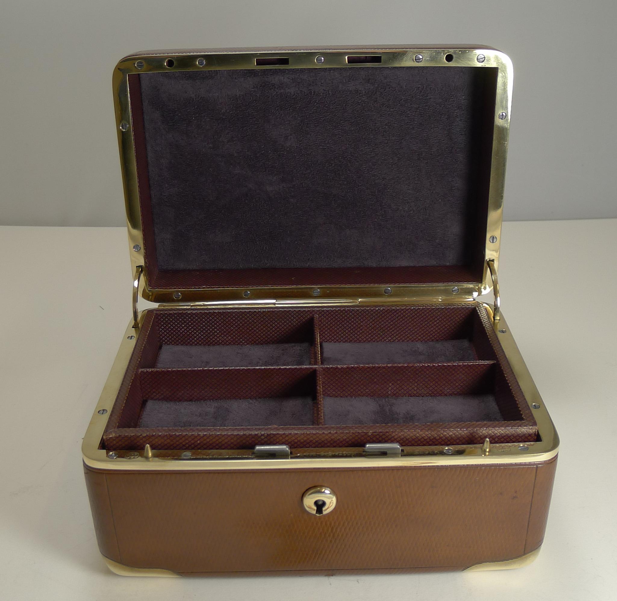 Fine Antique French Leather and Brass Jewelry Box, circa 1890, Signed M.G Paris 4