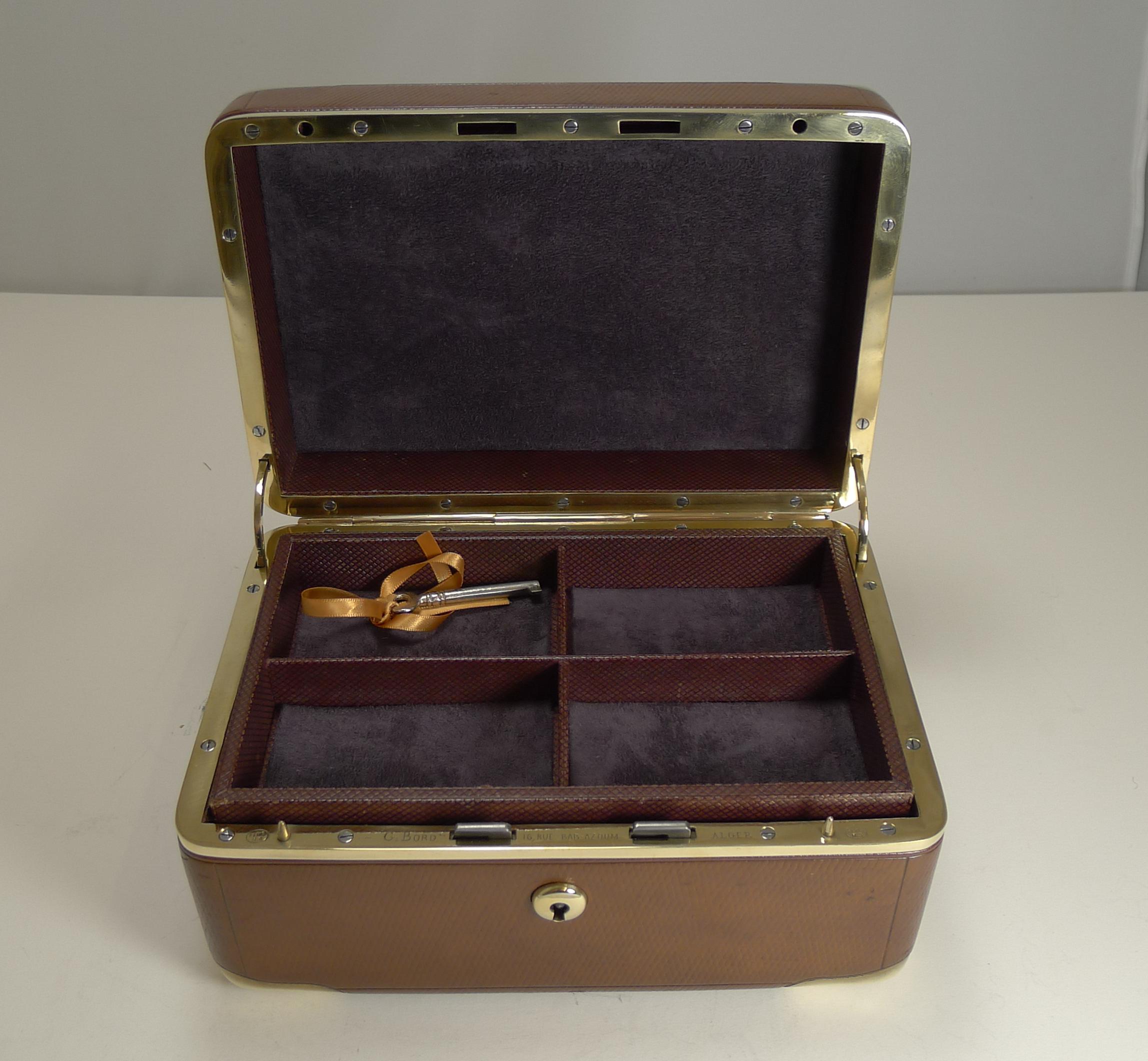 Fine Antique French Leather and Brass Jewelry Box, circa 1890, Signed M.G Paris 1