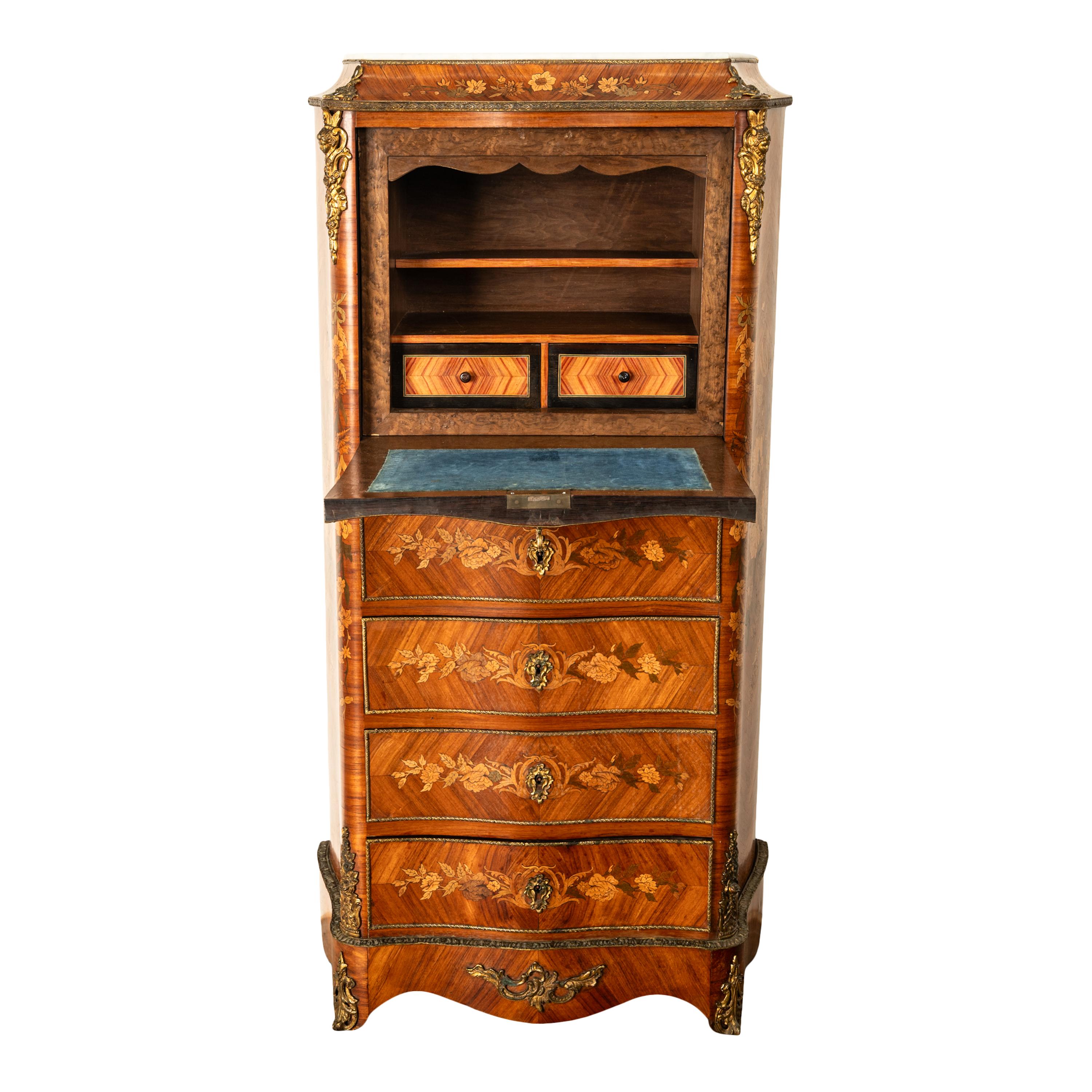Antiguo Secretaire Abattant de Marquetería de Palo de Rosa Luis XV 1880 en venta 3