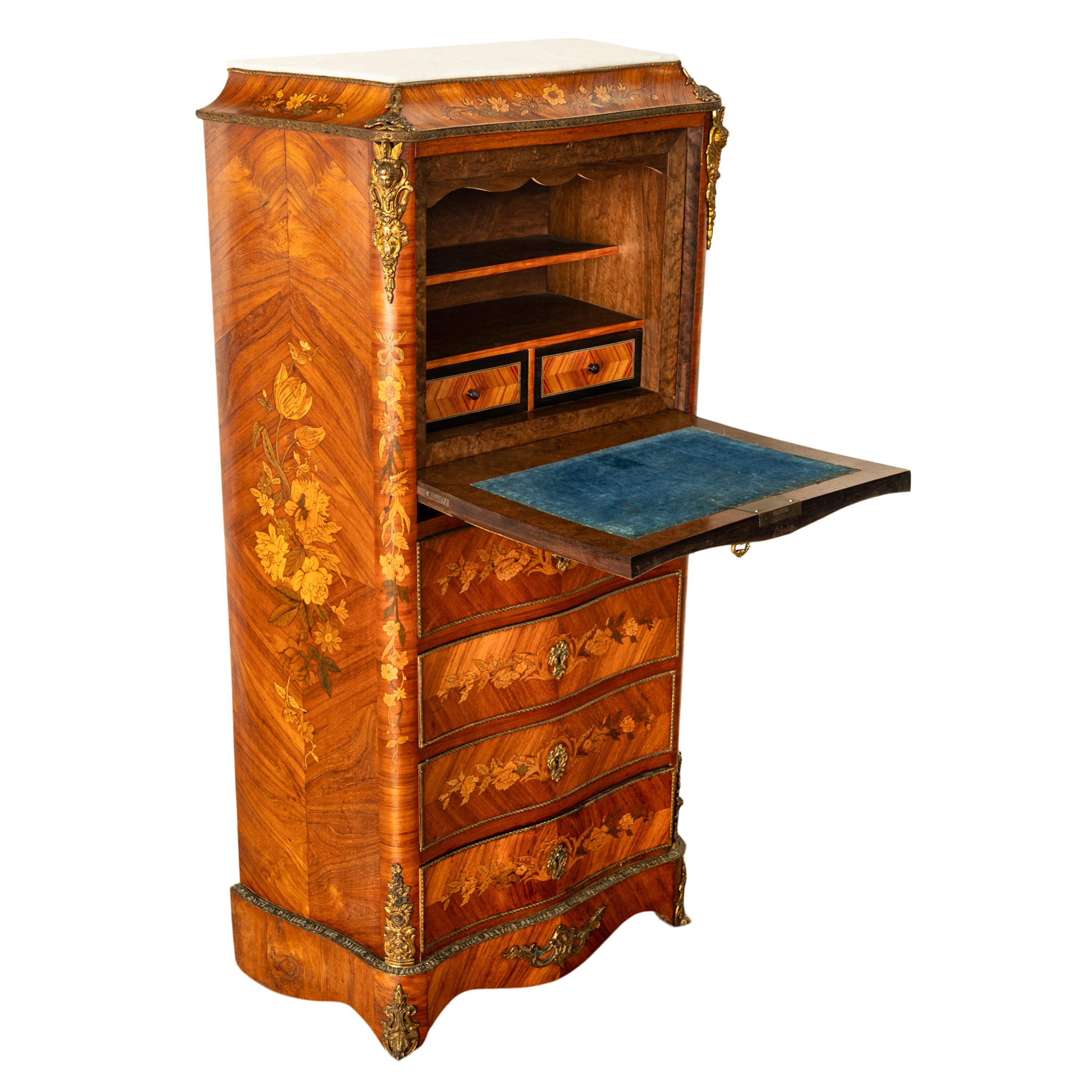 Fine Antique French Louis XV Marquetry Rosewood Ormolu Secretaire Abattant 1880 For Sale 6