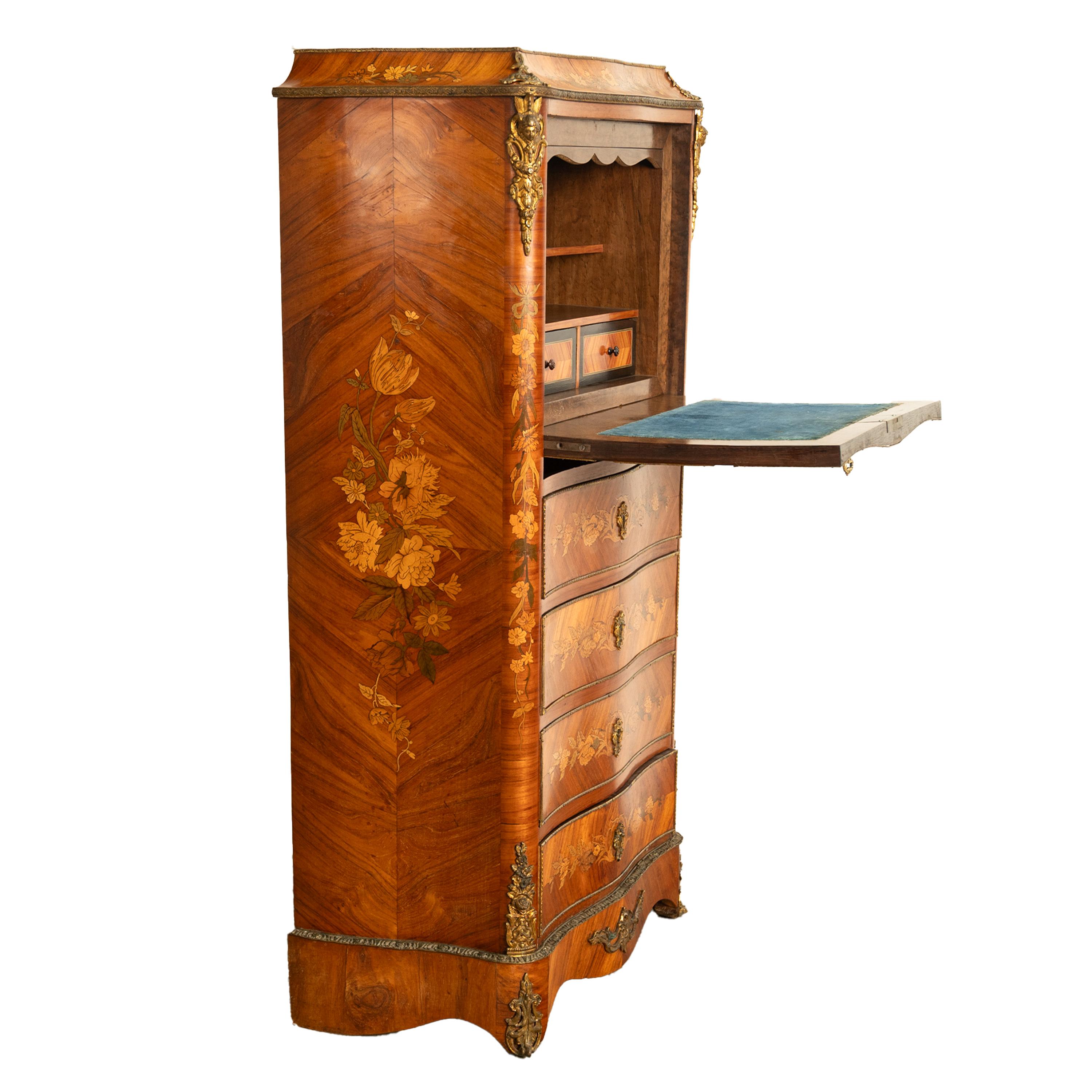 Fine Antique French Louis XV Marquetry Rosewood Ormolu Secretaire Abattant 1880 For Sale 7