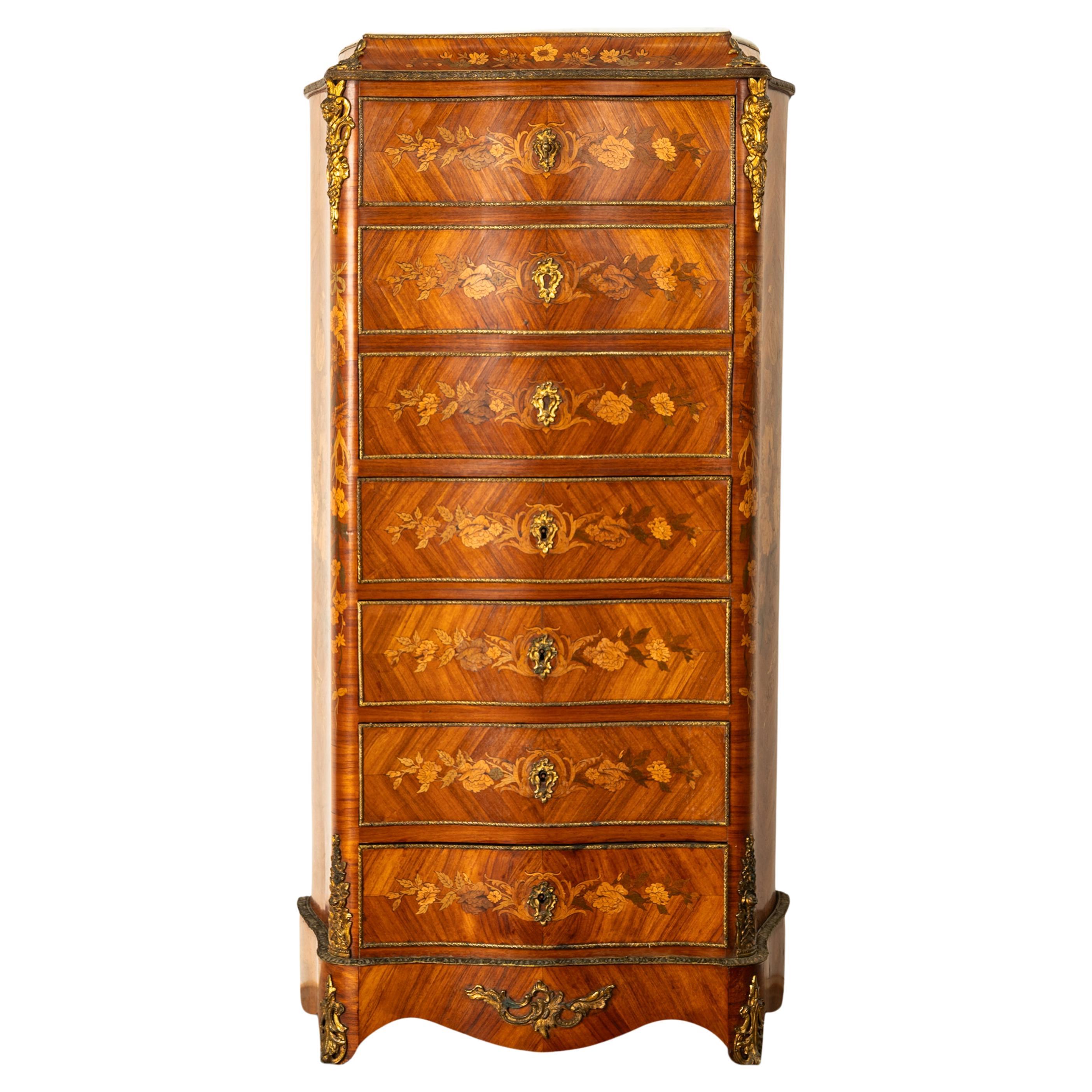 Gilt Fine Antique French Louis XV Marquetry Rosewood Ormolu Secretaire Abattant 1880 For Sale