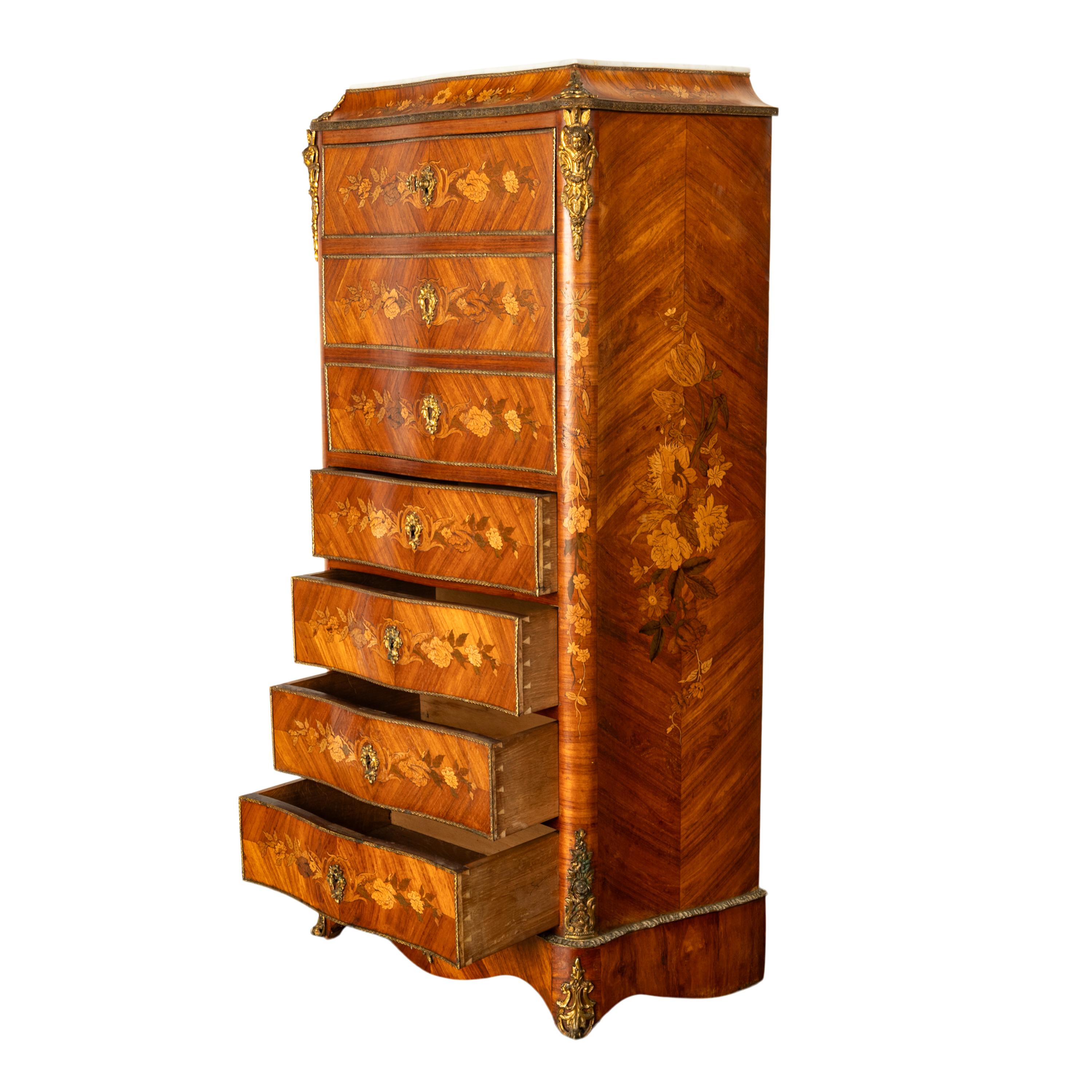 Late 19th Century Fine Antique French Louis XV Marquetry Rosewood Ormolu Secretaire Abattant 1880 For Sale