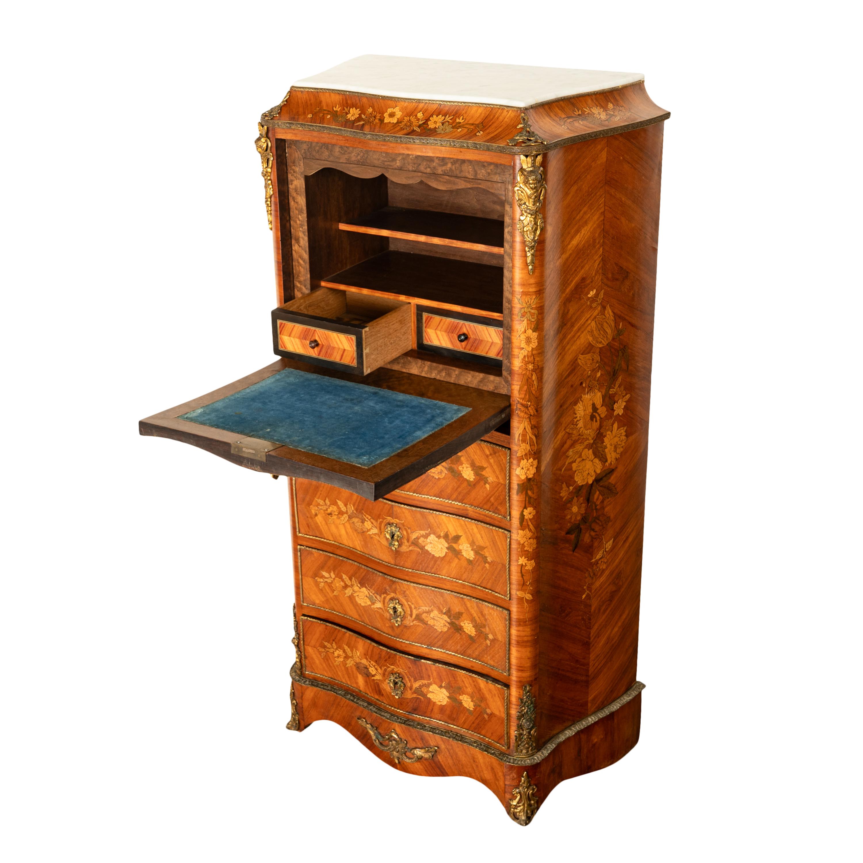 Fine Antique French Louis XV Marquetry Rosewood Ormolu Secretaire Abattant 1880 For Sale 1