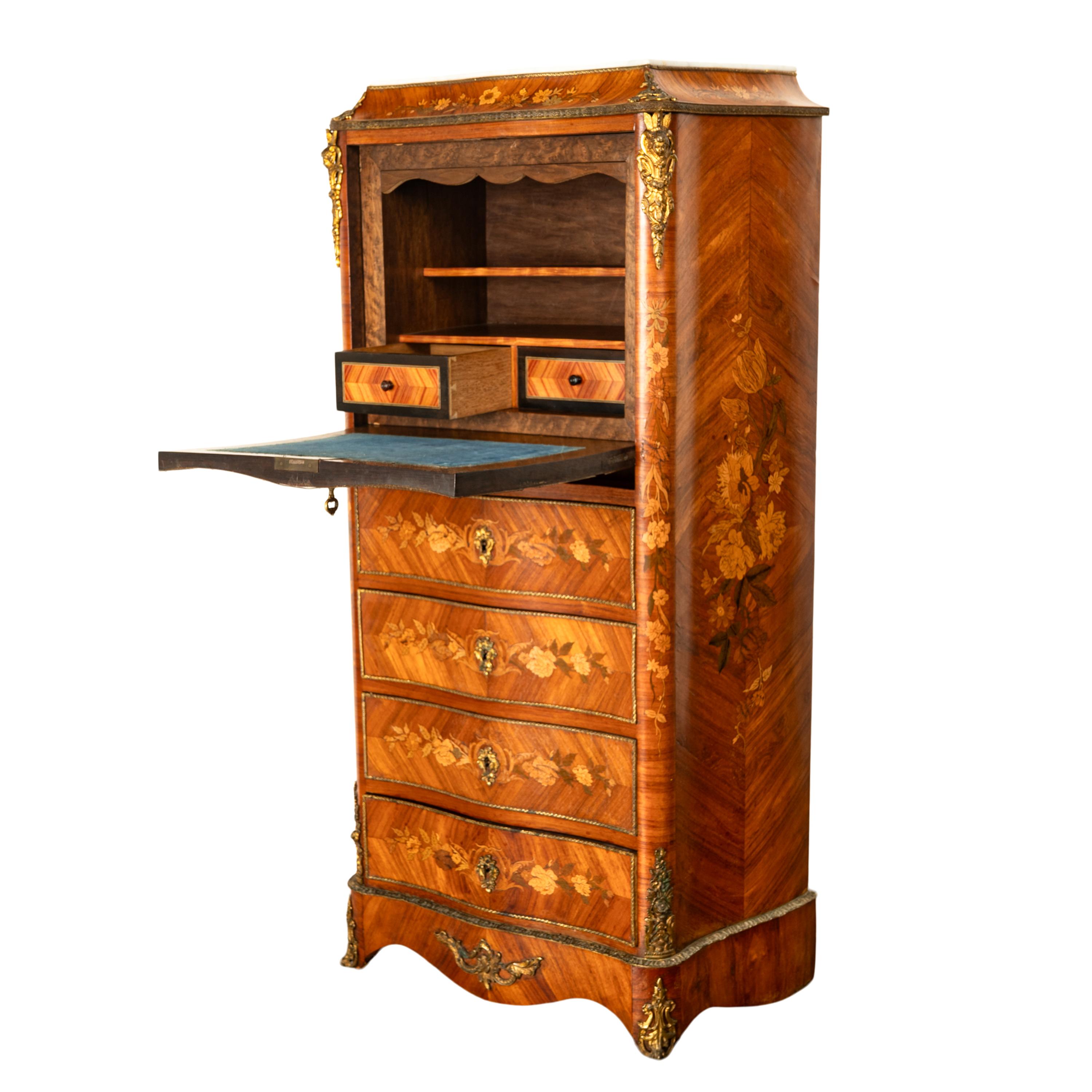 Fine Antique French Louis XV Marquetry Rosewood Ormolu Secretaire Abattant 1880 For Sale 2