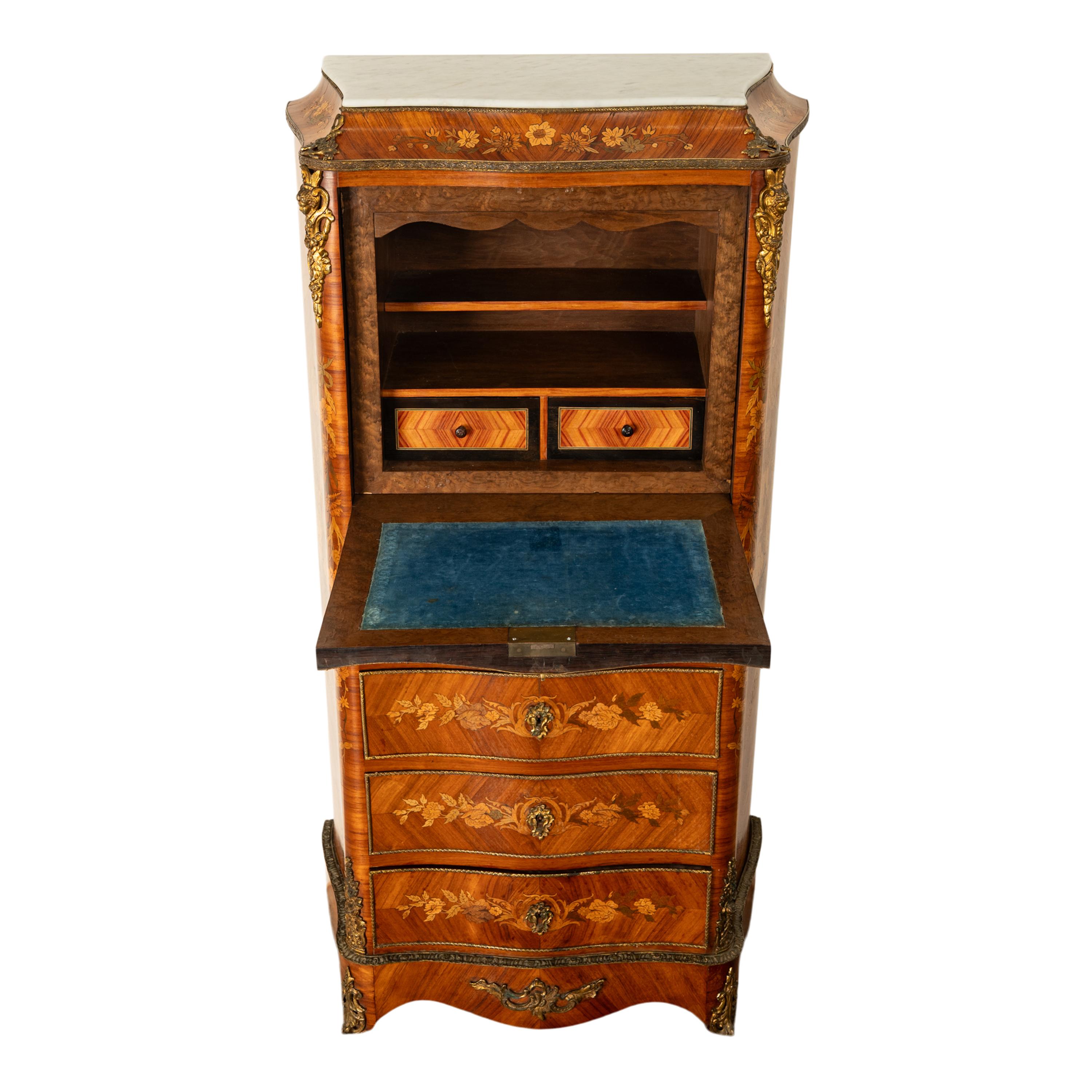 Fine Antique French Louis XV Marquetry Rosewood Ormolu Secretaire Abattant 1880 For Sale 3