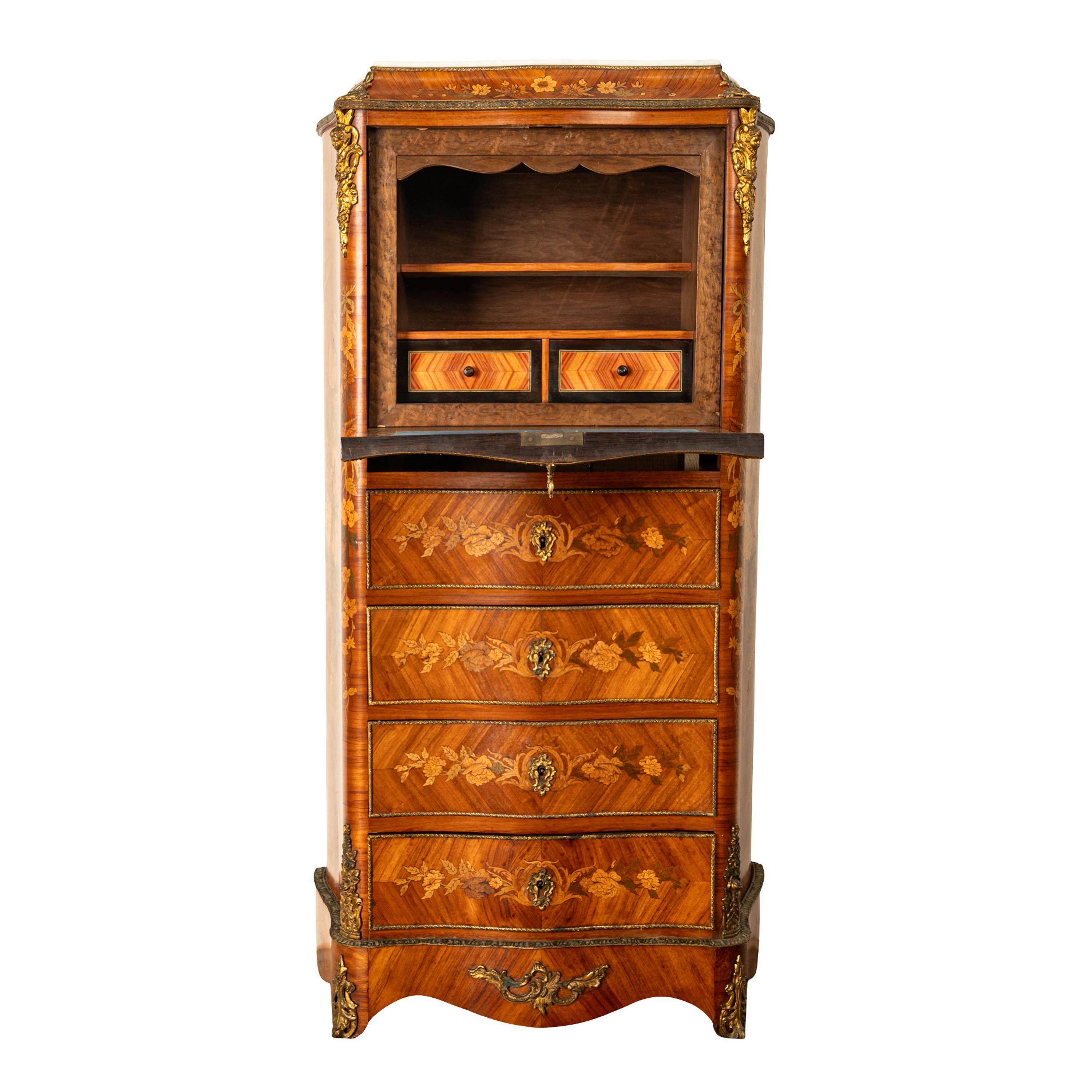 Fine Antique French Louis XV Marquetry Rosewood Ormolu Secretaire Abattant 1880 For Sale 4