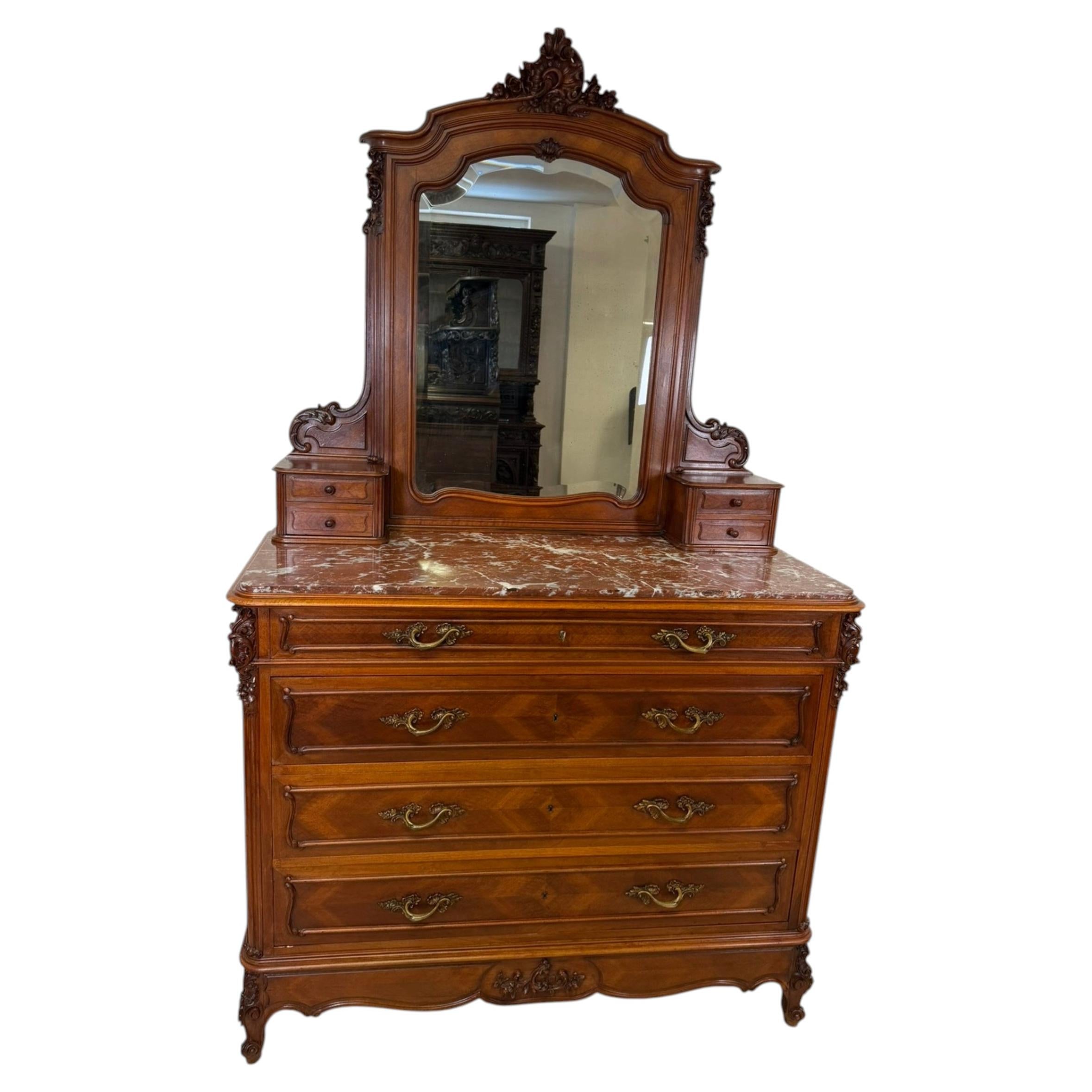 Fine Antique French Louis XV Style Dresser with Marble Top and Mirror For Sale