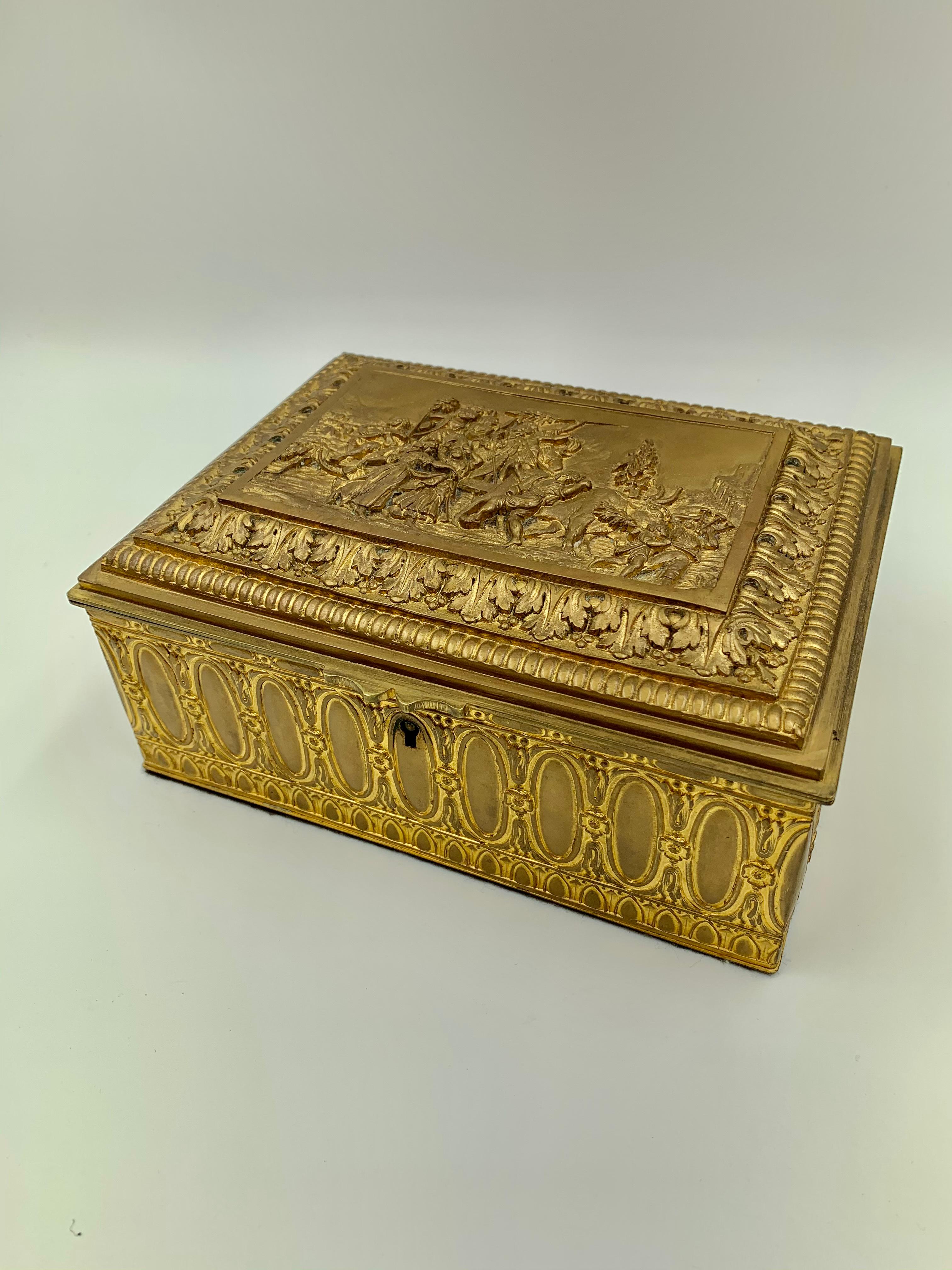 Fine Antique French Louis XVI Style Gilt Bronze Jewelry Box, Bacchanale Scene In Good Condition For Sale In New York, NY