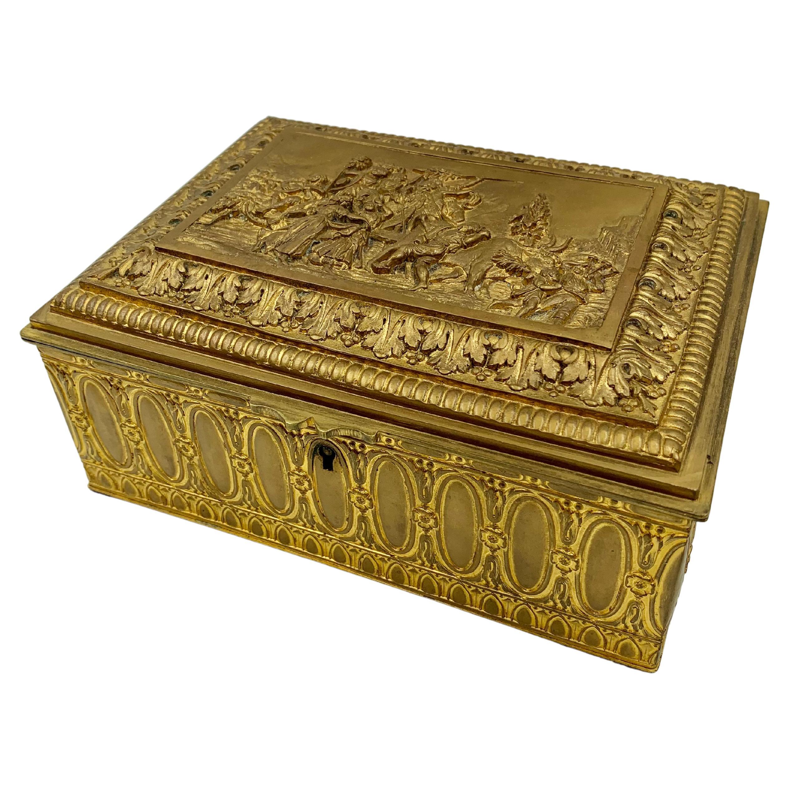 Fine Antique French Louis XVI Style Gilt Bronze Jewelry Box, Bacchanale Scene For Sale