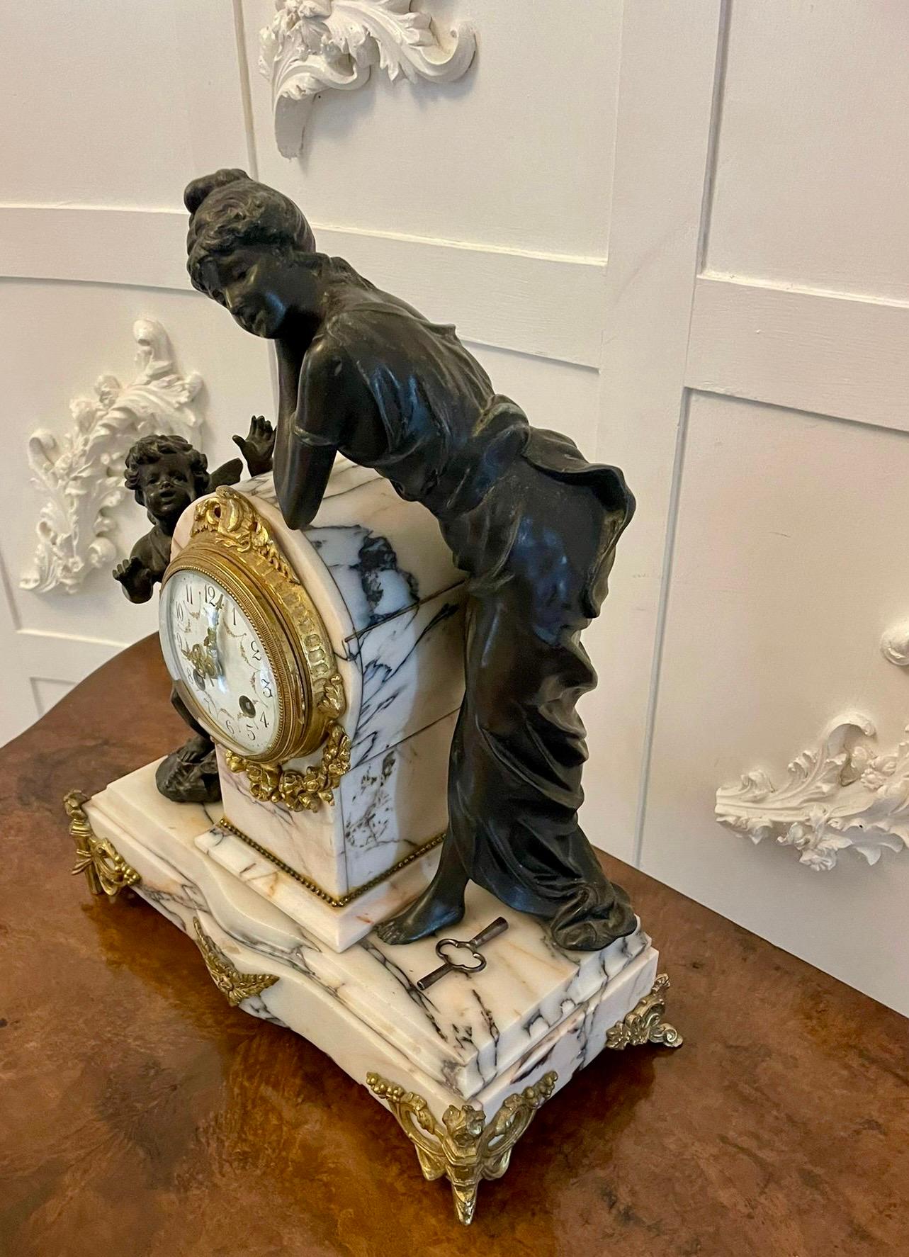 Fine Antique French Marble, Bronze and Ormolu Striking Mantle Clock 4