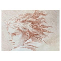 Fine Antique French Old Master Sanguine Drawing Portrait of Man Flowing Hair