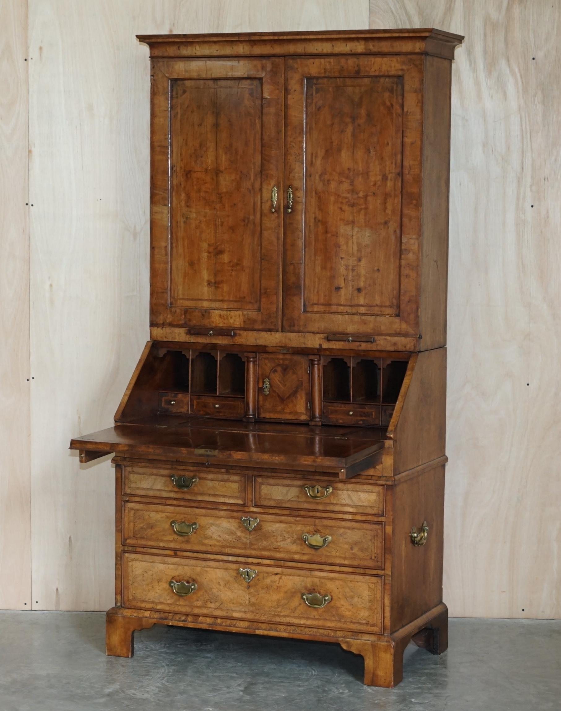 Fine Antique George II Circa 1740 Burr Walnut Burear Bookcase Chest of Drawers For Sale 10