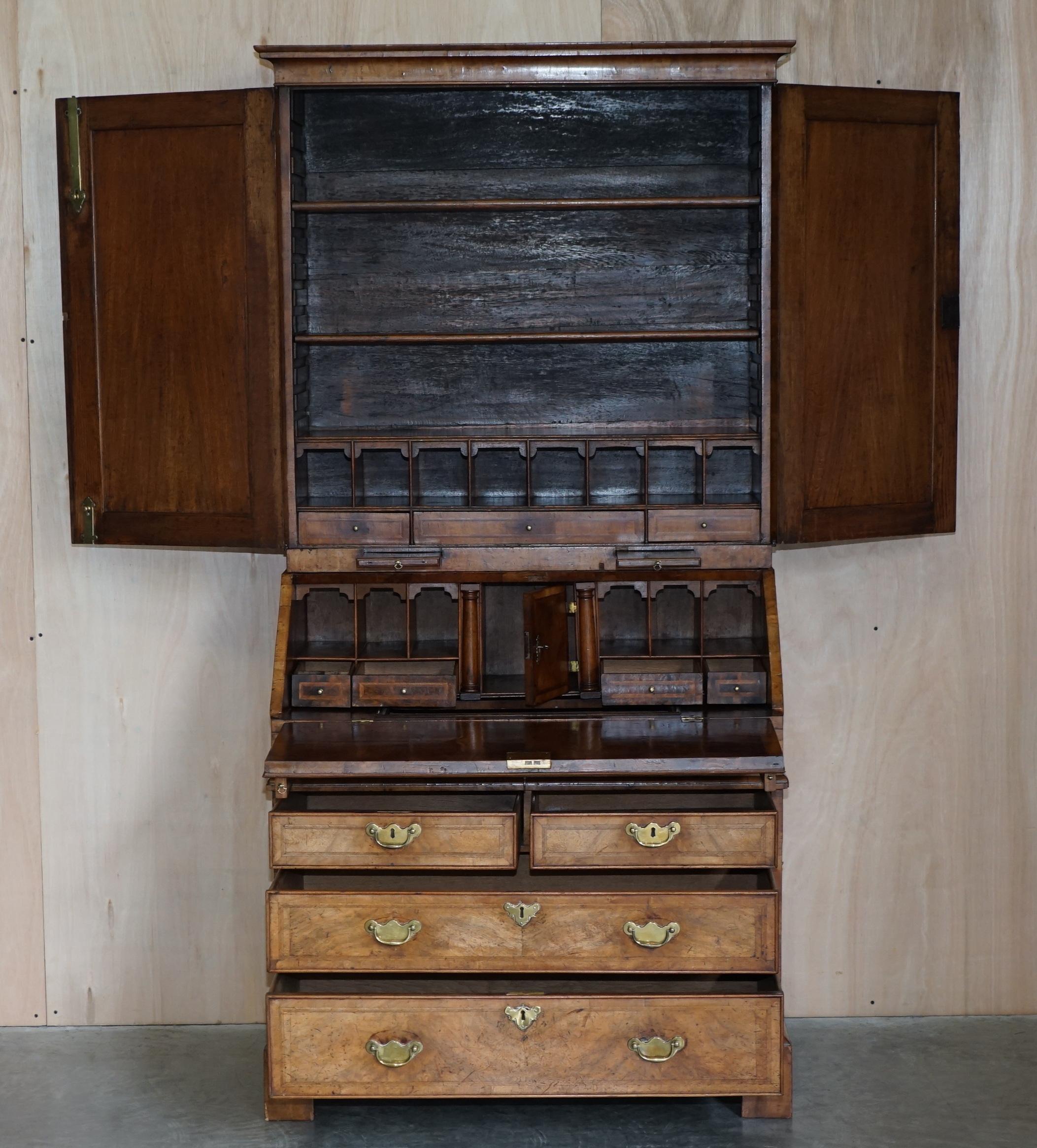 Fine Antique George II Circa 1740 Burr Walnut Burear Bookcase Chest of Drawers For Sale 12