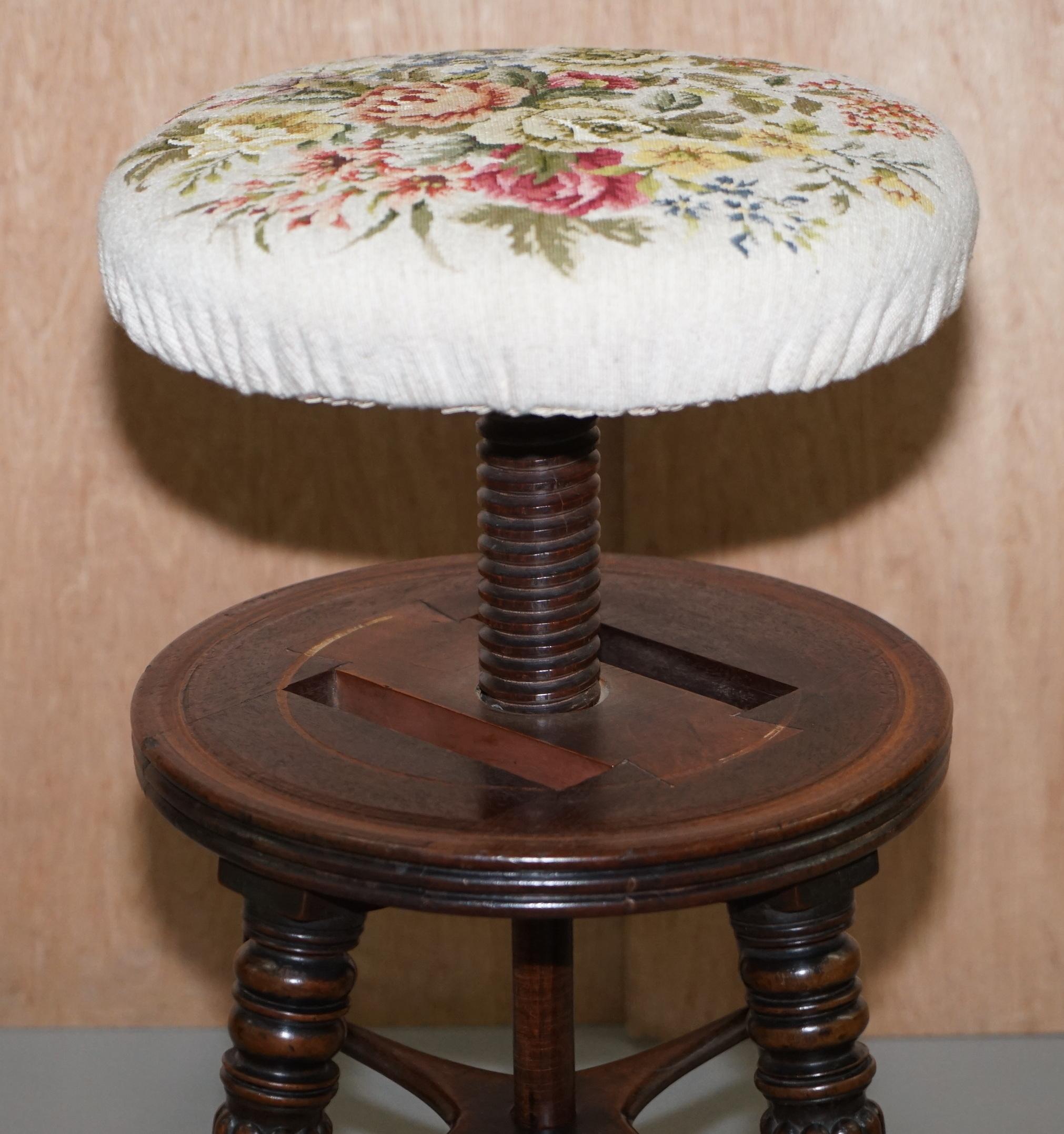 Fine Antique Gillows of Lancaster Height Adjustable Piano Stool Embroidered Seat For Sale 4