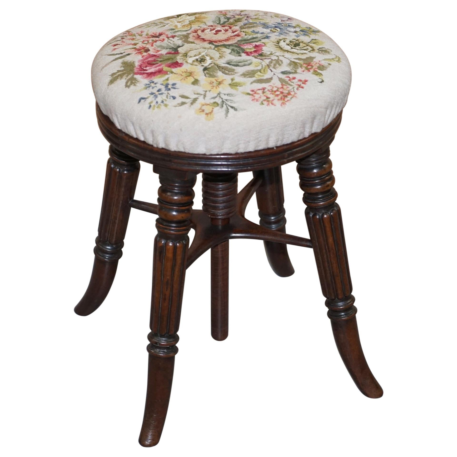 Fine Antique Gillows of Lancaster Height Adjustable Piano Stool Embroidered Seat For Sale