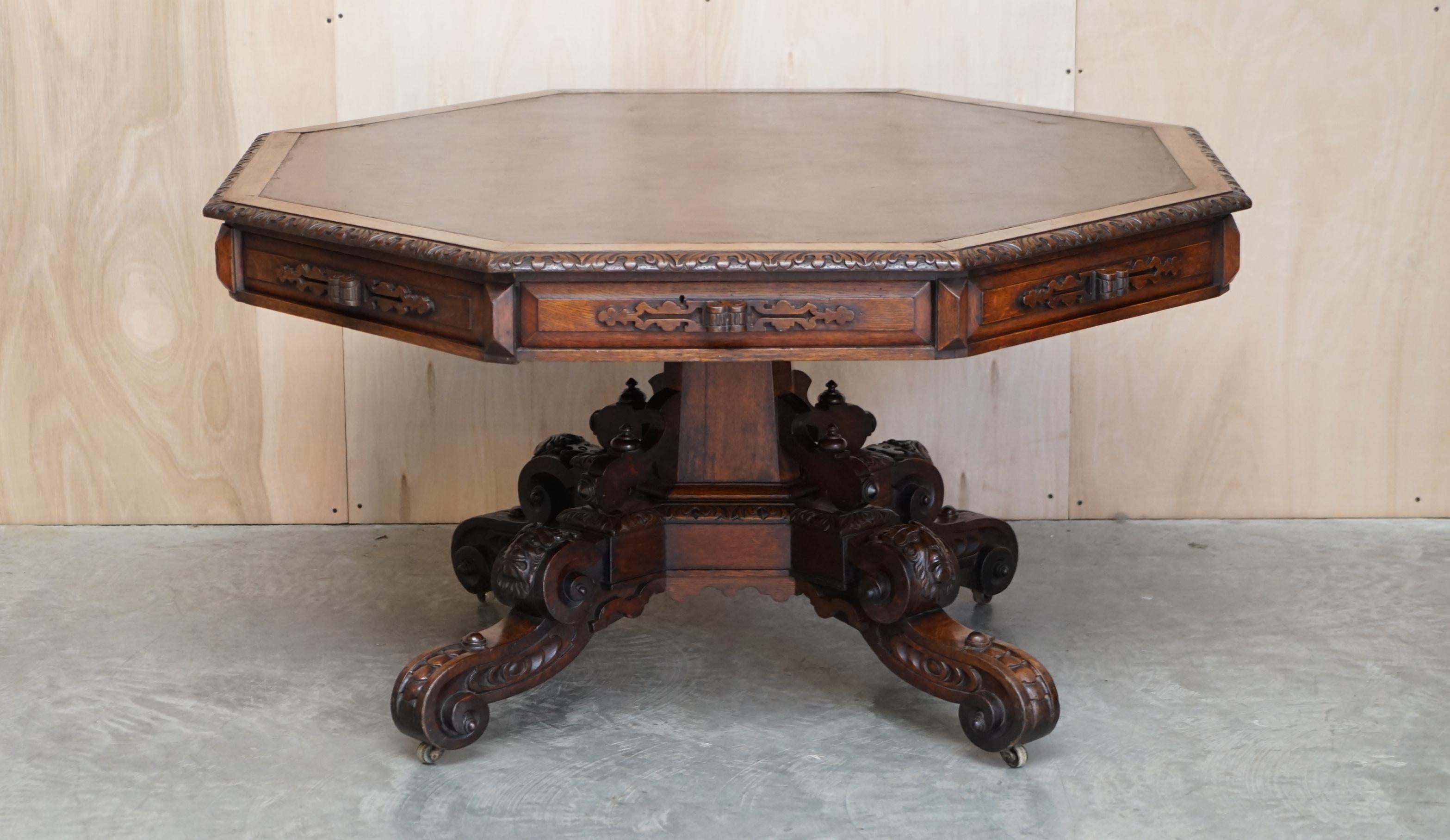 We are delighted to offer for sale this stunning Antique Gothic Revival Rent table with hand carved Lions heads

A very good looking well made and decorative Gothic Revival rent table circa 1860-1880, the table has four large drawers and an