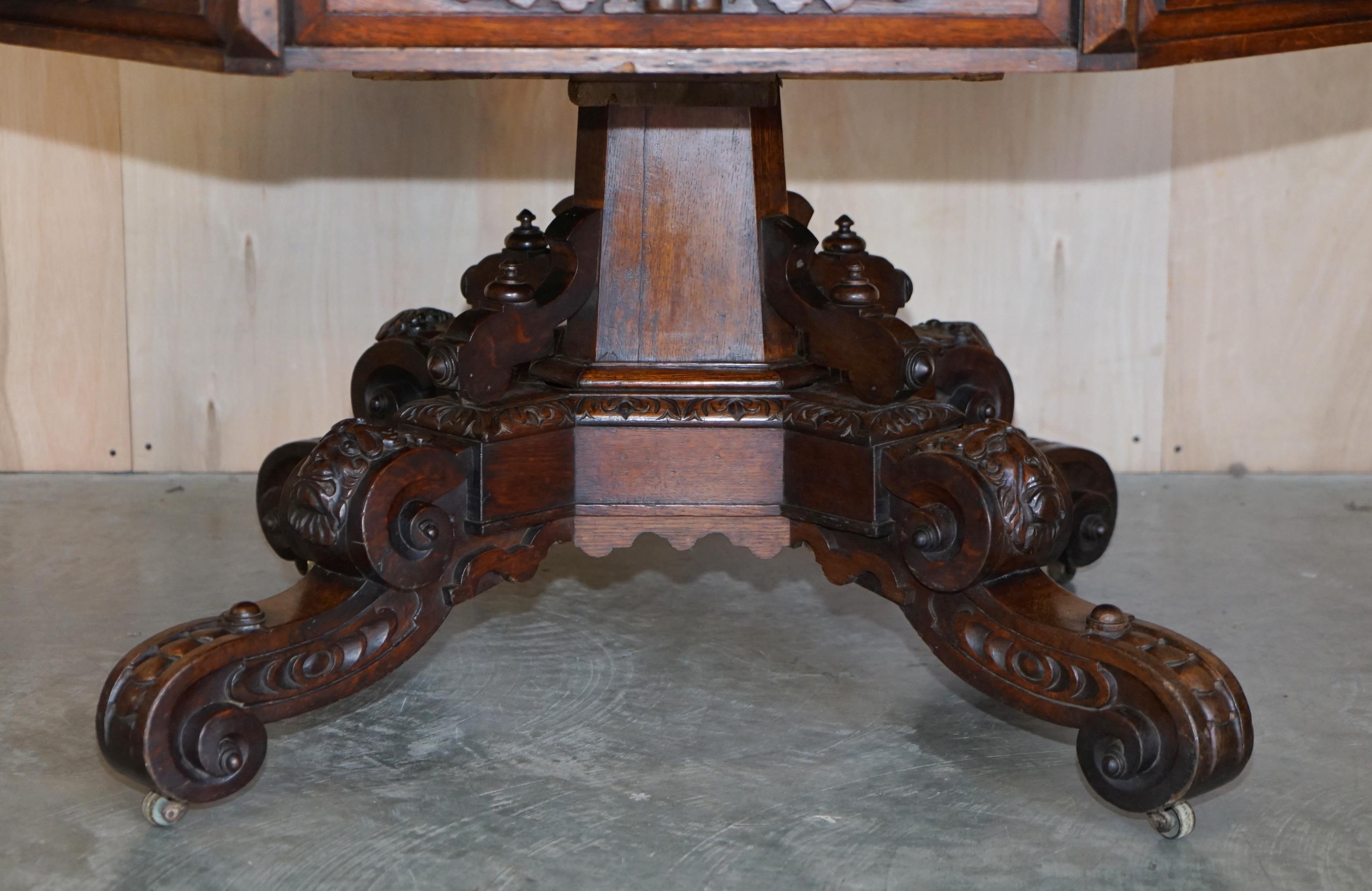 English Fine Antique Gothic Revival Hand Carved Lions Head Rent Centre Occasional Table For Sale