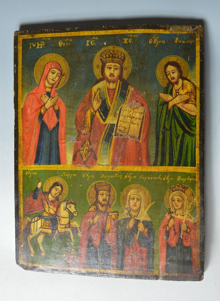 Painted Fine Antique Greek Icon Jesus Saints, 19th Century For Sale