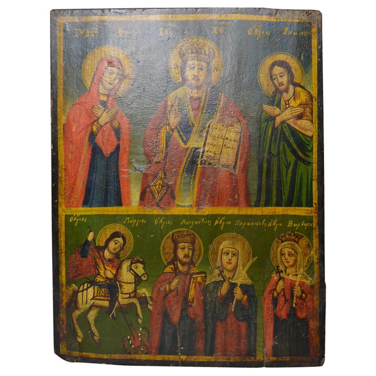 Fine Antique Greek Icon Jesus Saints, 19th Century For Sale