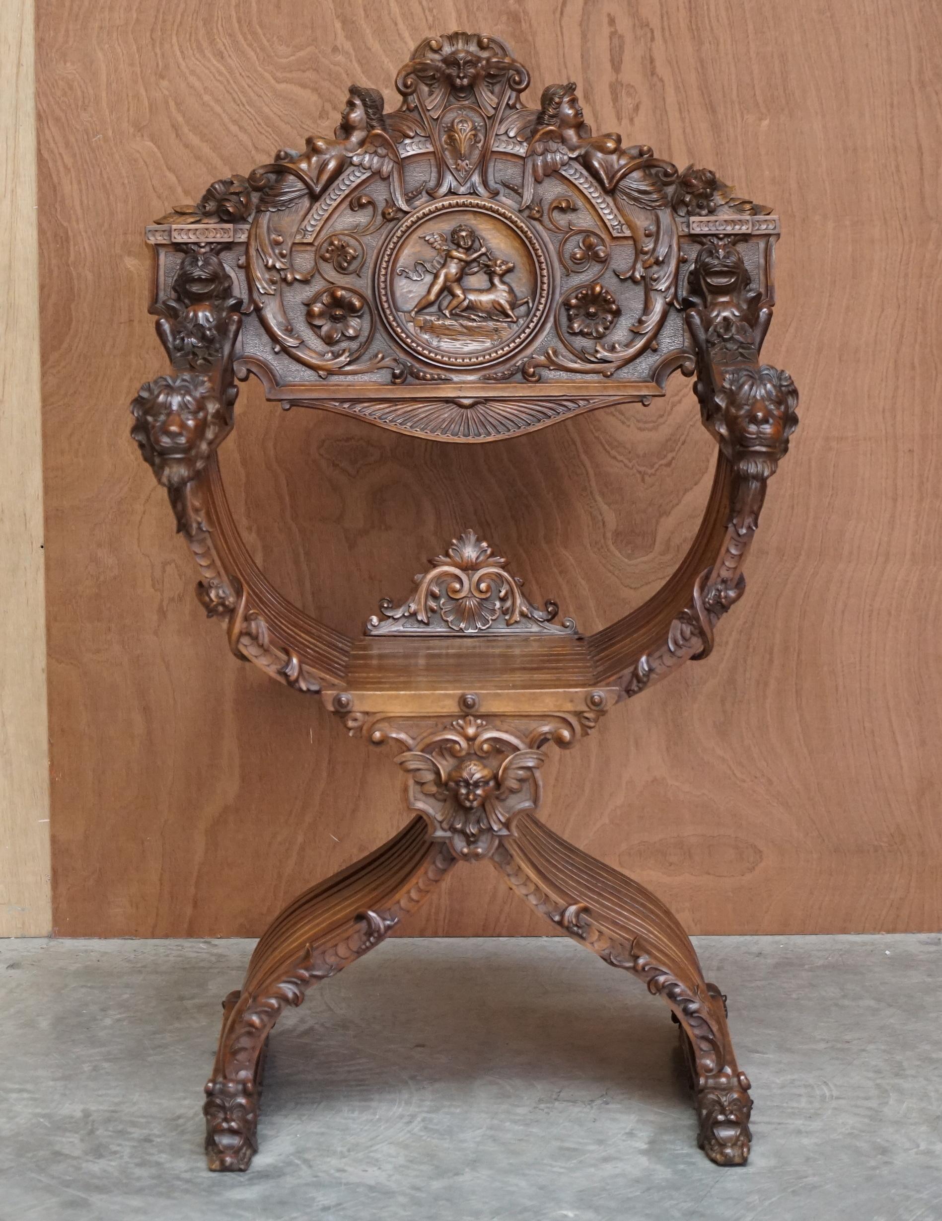 We are delighted to offer for sale this lovely 19th century Antique Italian Renaissance Revival hand carved walnut Savonarola folding armchair

This is truly a stunning chair, its hand carved from top to bottom and every piece tells a story. This
