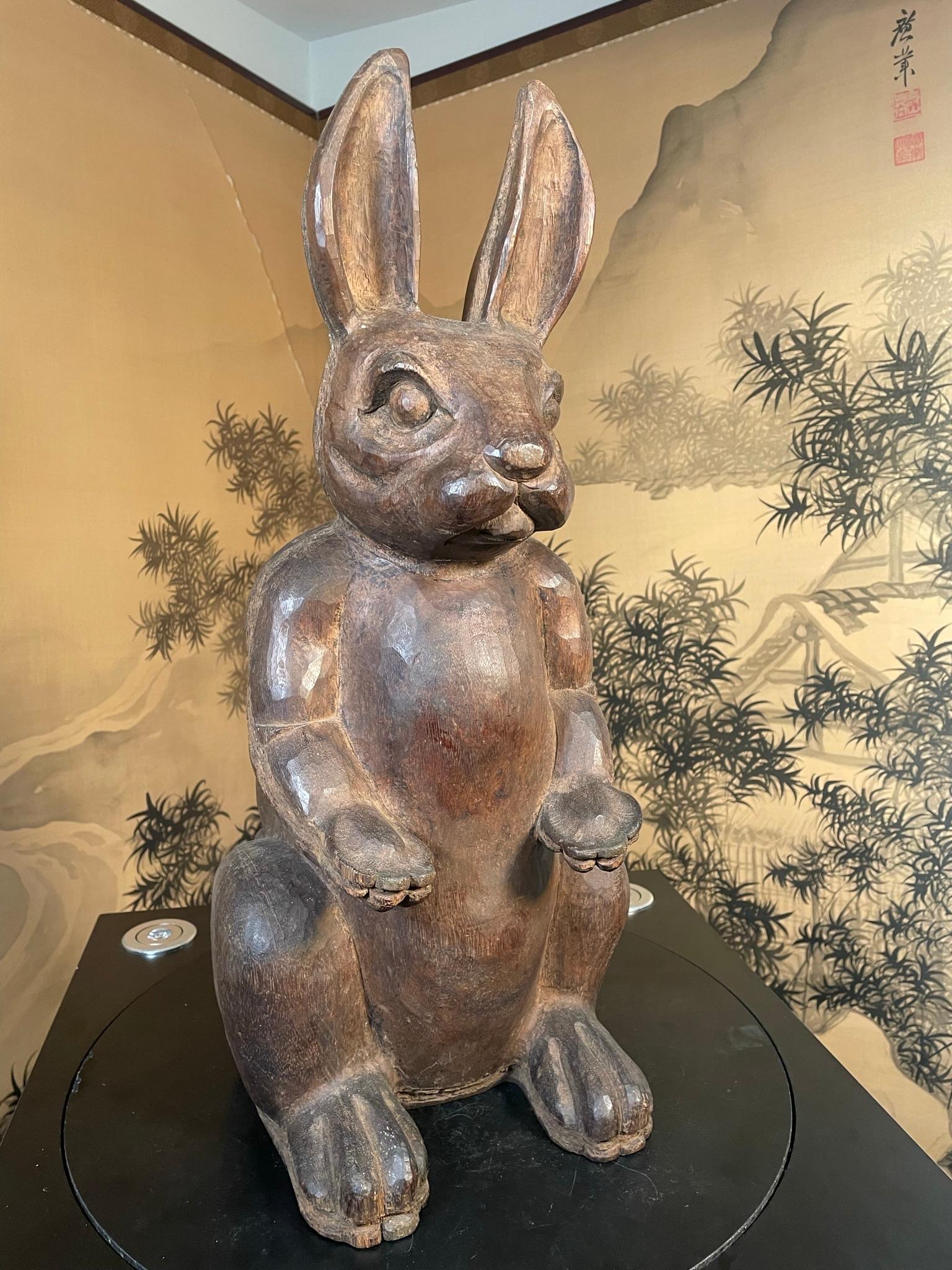 American Fine Antique Huge Hand Carved Folk Art Rabbit, Signed For Sale