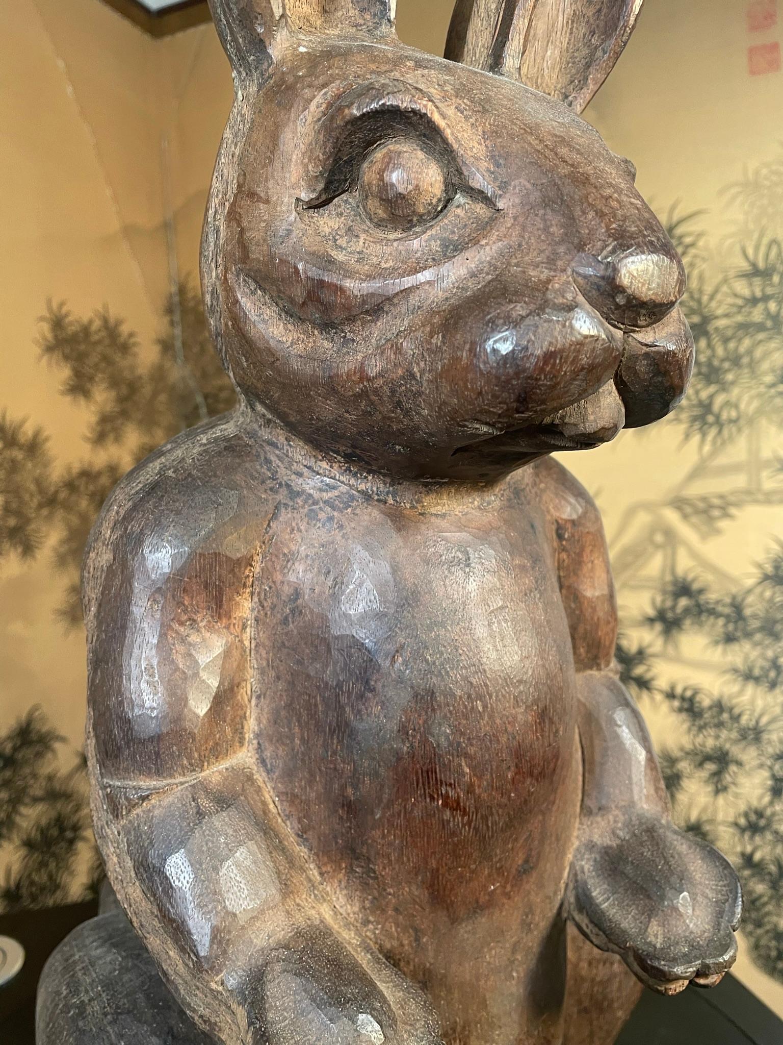 Wood Fine Antique Huge Hand Carved Folk Art Rabbit, Signed For Sale