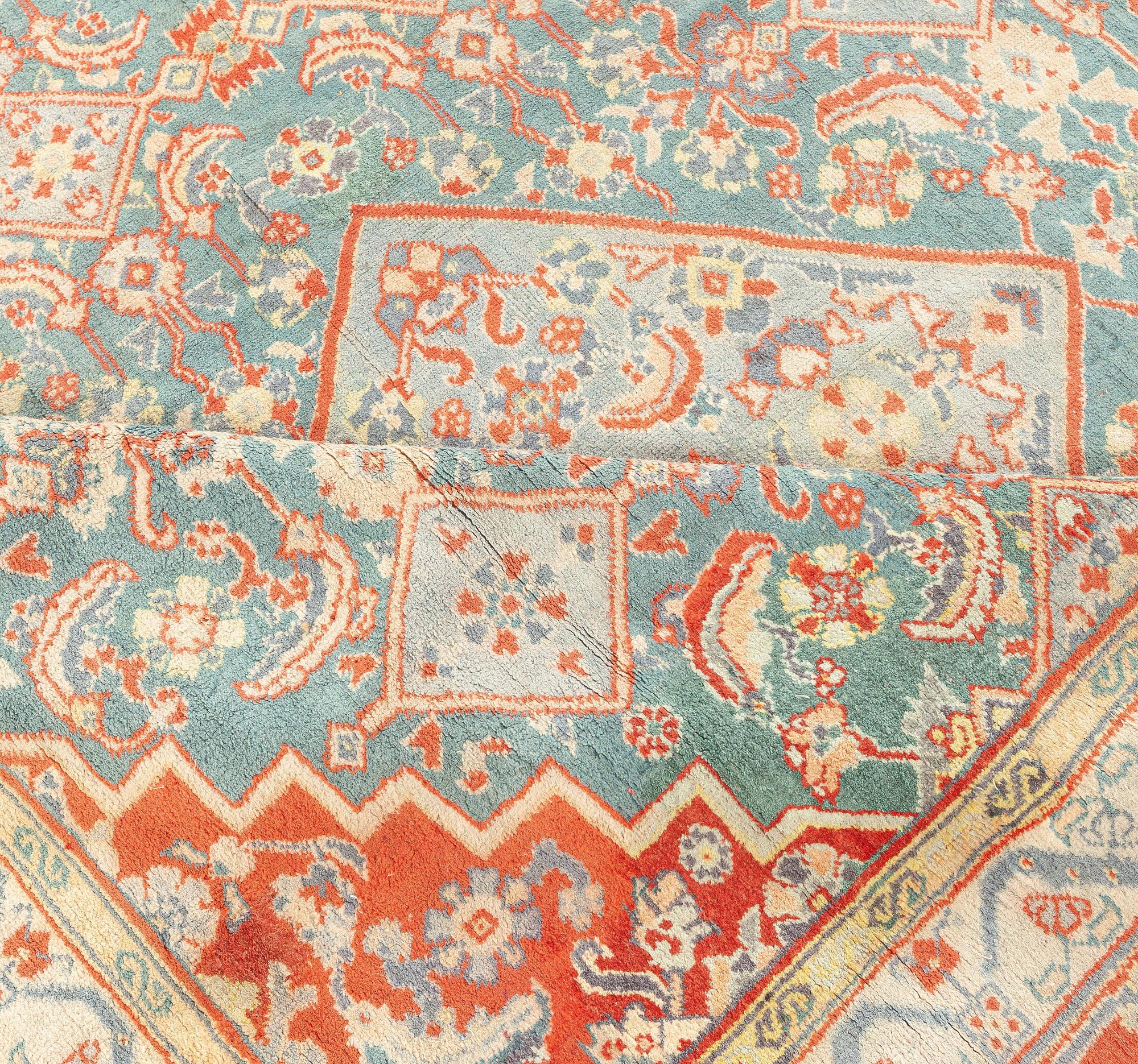 Hand-Knotted Antique Indian Agra Red Blue Handmade Rug For Sale
