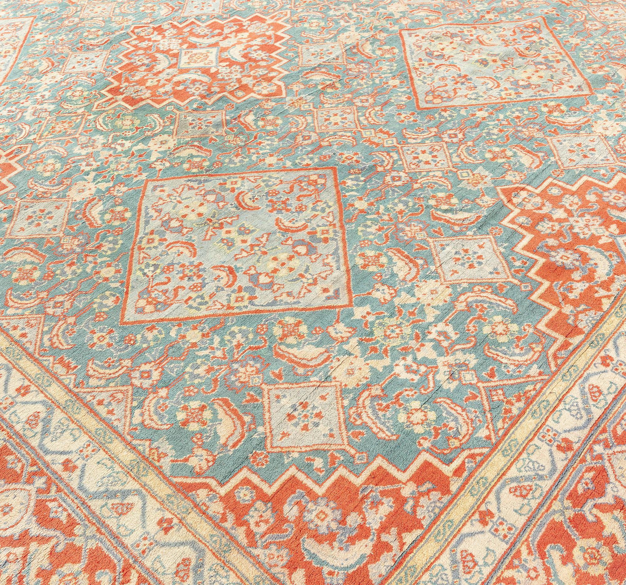 Wool Antique Indian Agra Red Blue Handmade Rug For Sale
