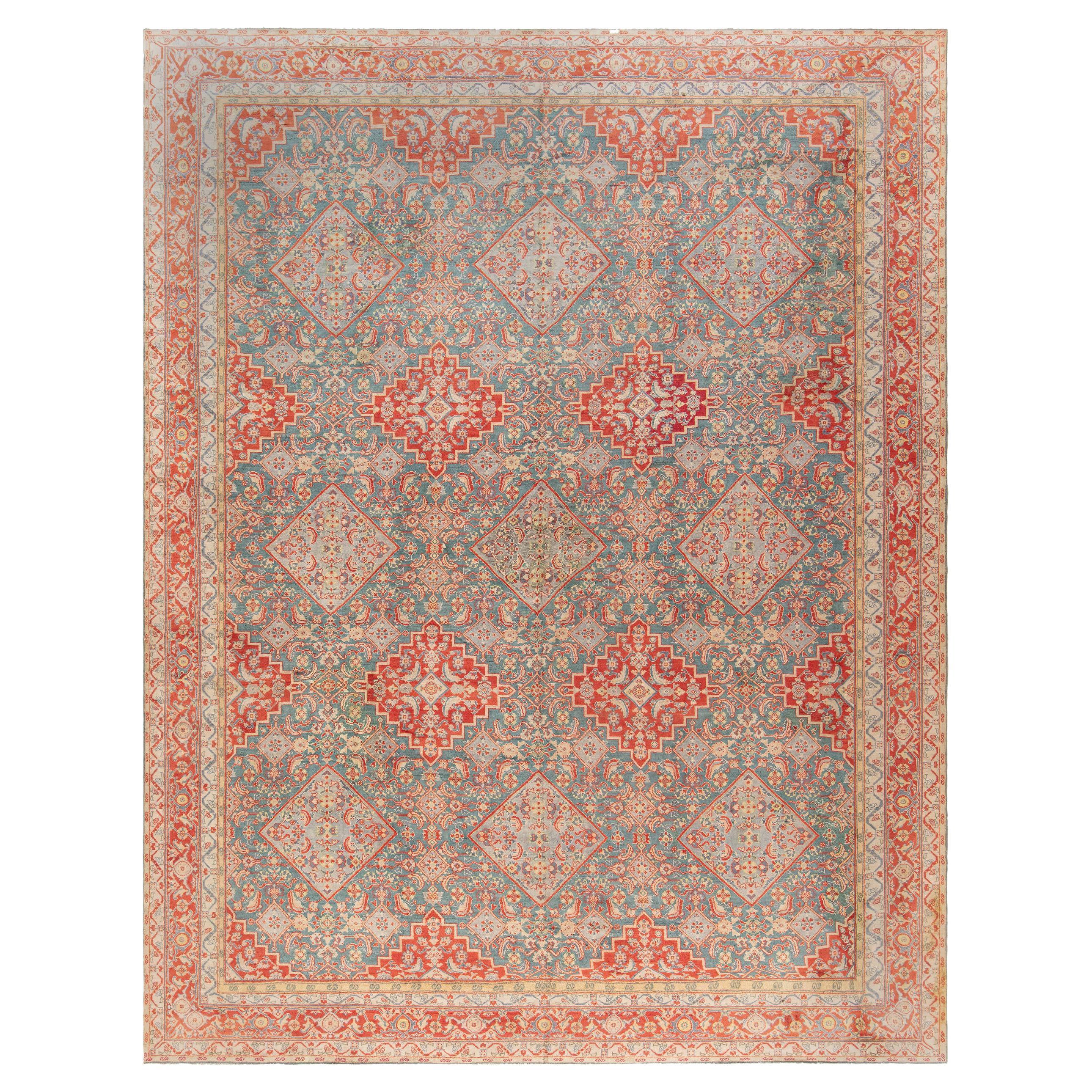 Antique Indian Agra Red Blue Handmade Rug For Sale
