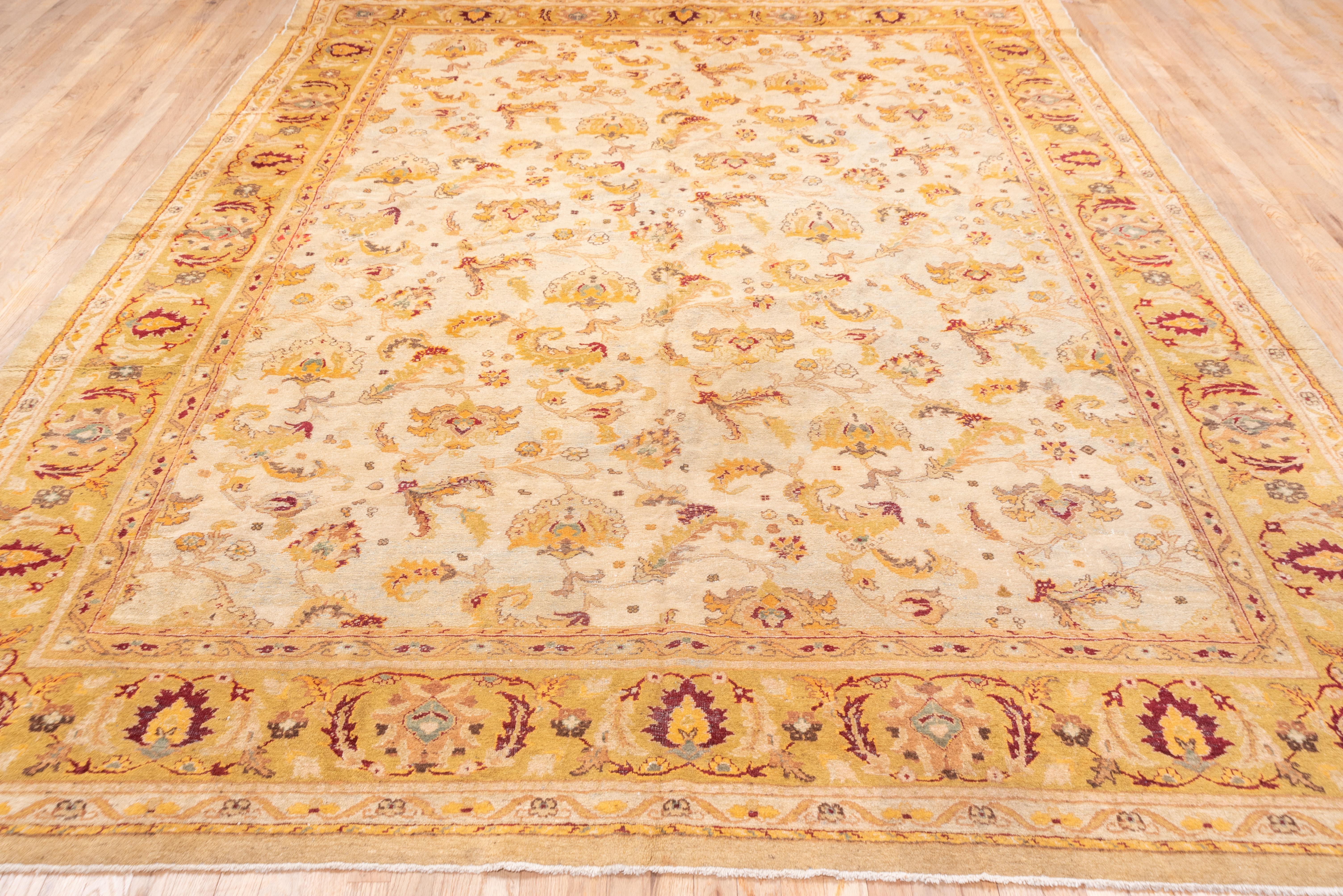 Agra Fine Antique Indian Amritzar Carpet, Ivory Field, Allover Field, Gold Borders For Sale