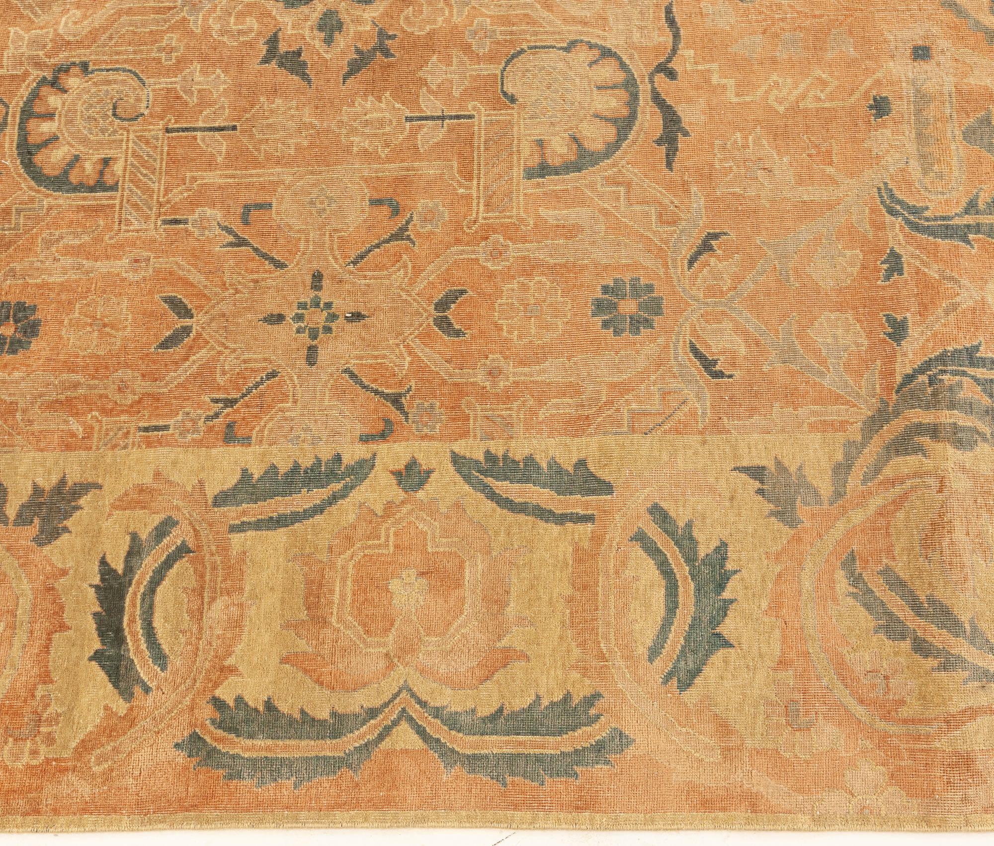 Hand-Woven Antique Indian Botanic Orange Handmade Wool Rug For Sale
