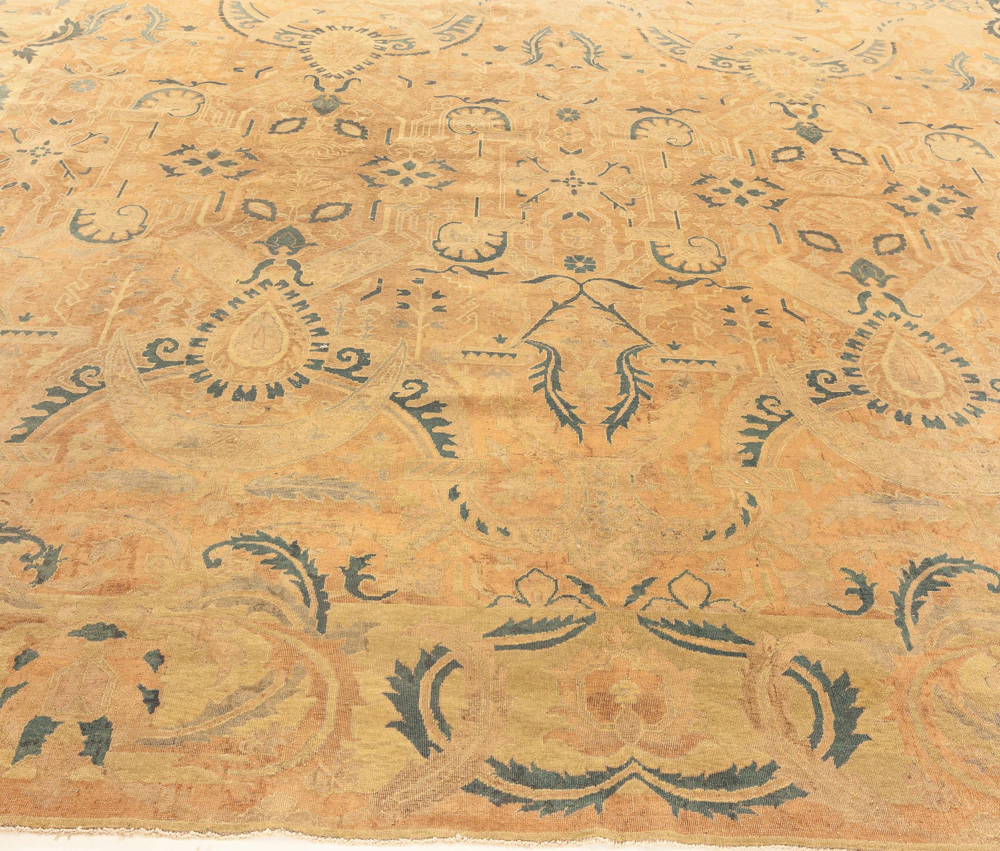 Doris Leslie Blau Antique Indian Botanic Orange Handmade Wool Rug For Sale 2