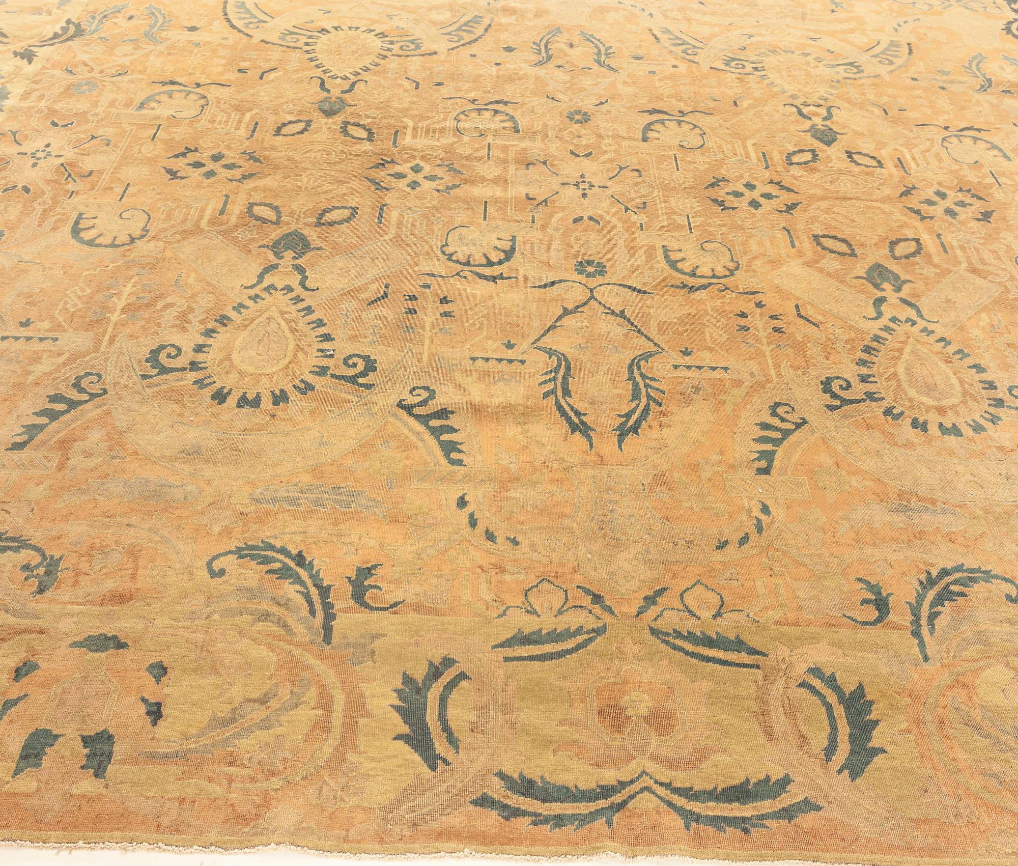 Antique Indian Botanic Orange Handmade Wool Rug For Sale 2