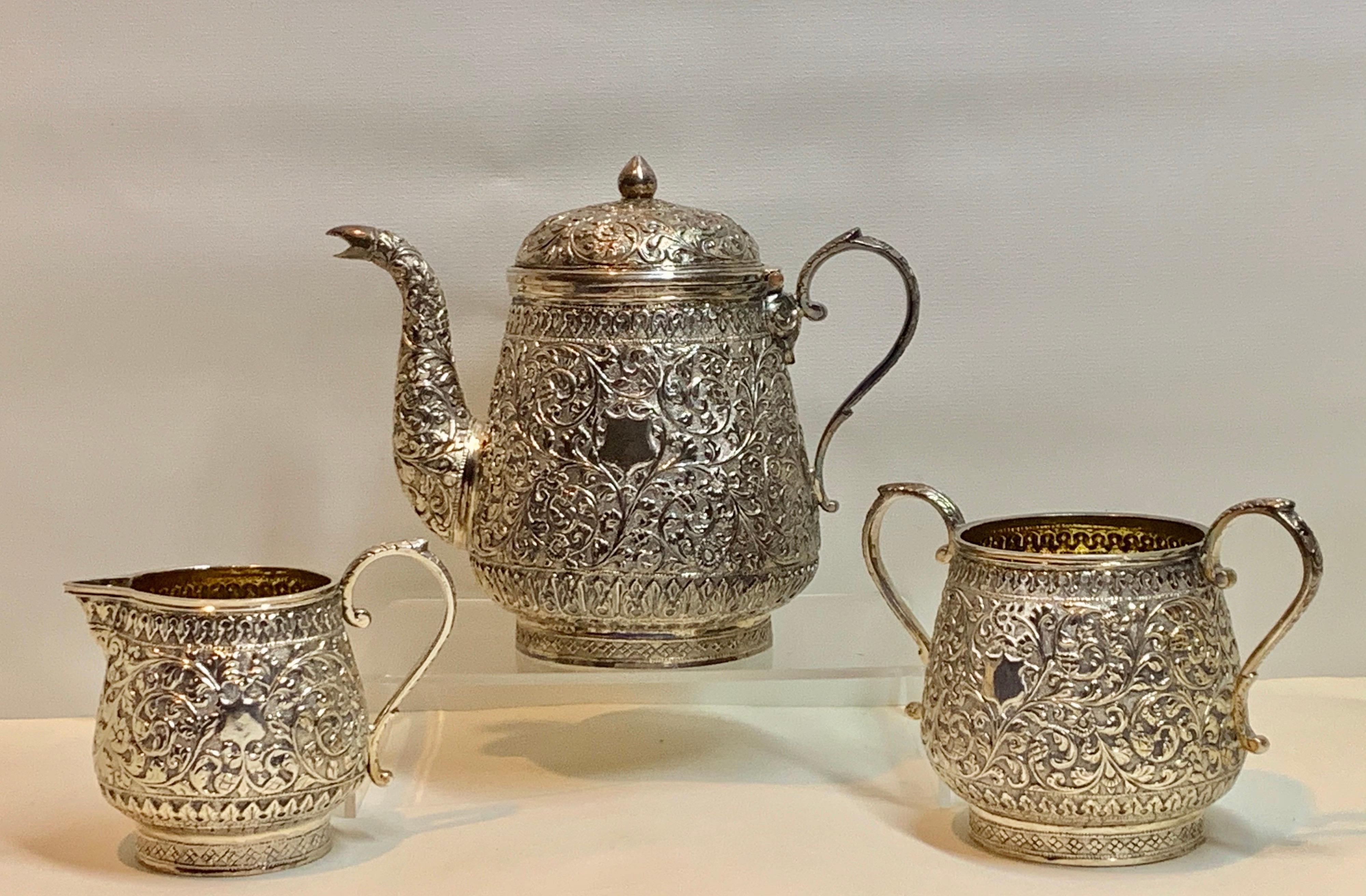 Fine Antique Indian Kutch Silver Bachelor 3-Piece Tea Set C. 1900/ 590 G 2