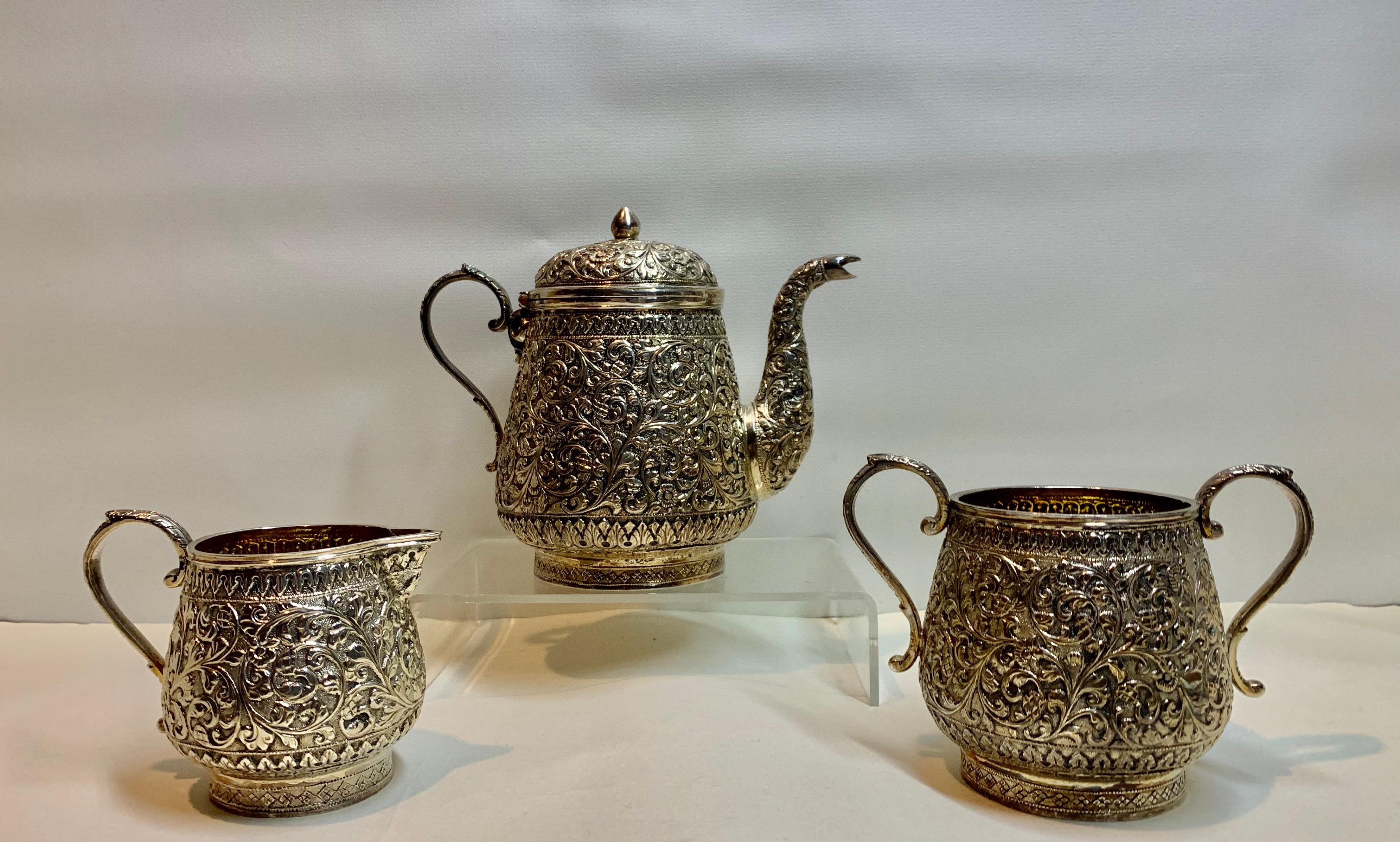 Fine Antique Indian Kutch Silver Bachelor 3-Piece Tea Set C. 1900/ 590 G 3