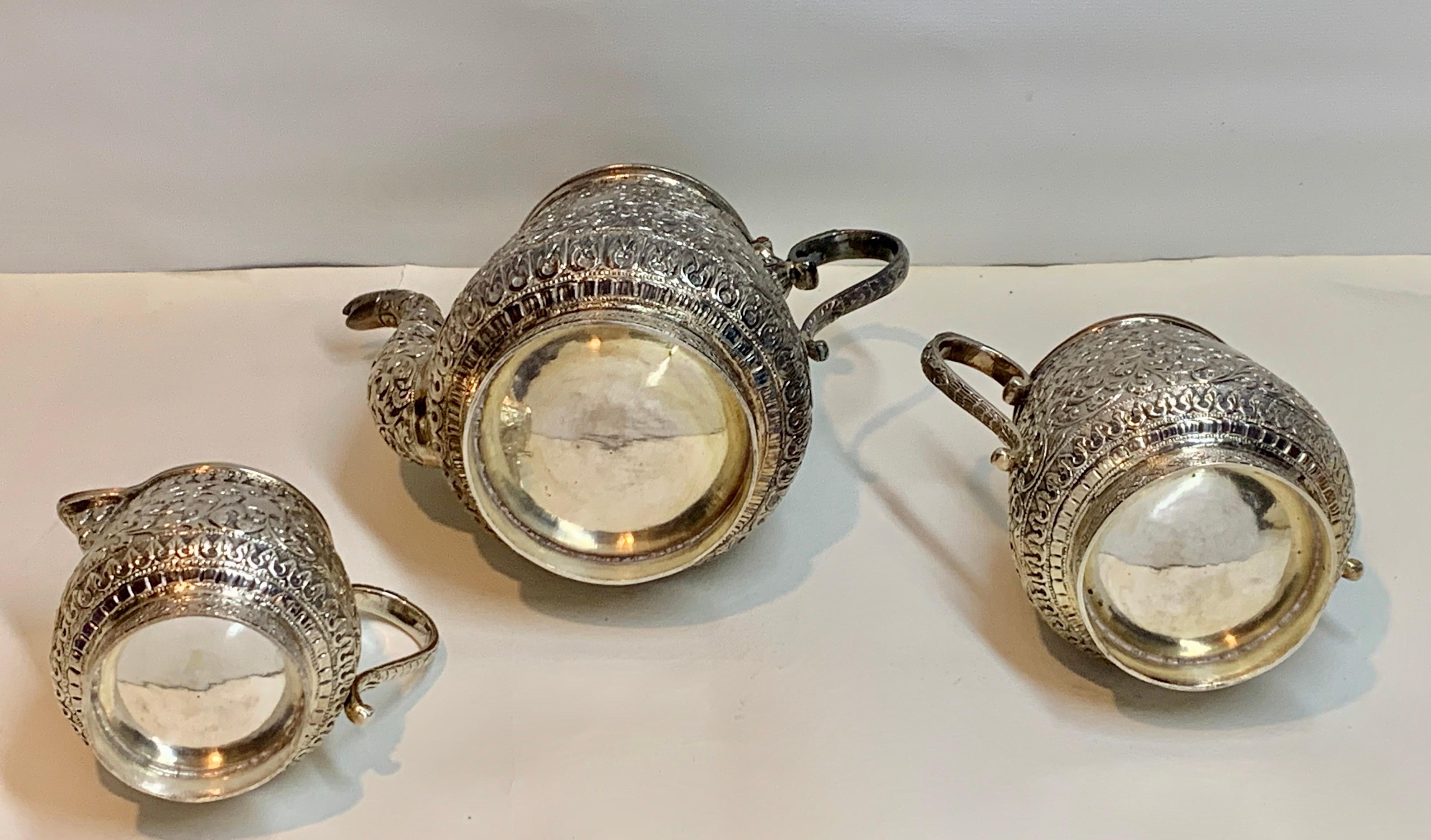 Fine Antique Indian Kutch Silver Bachelor 3-Piece Tea Set C. 1900/ 590 G 1