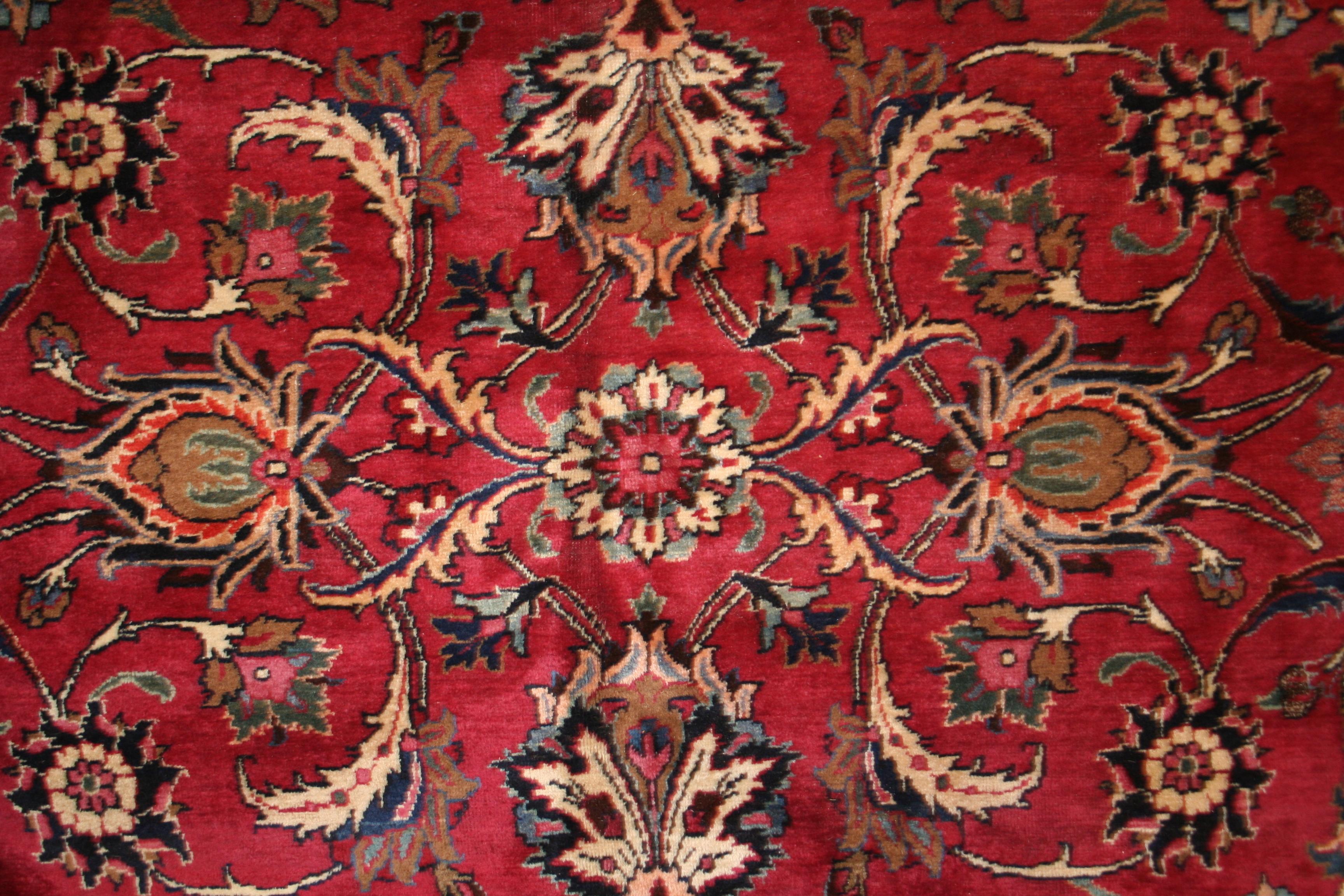Agra Fine Antique Indian Lahore Burmese Ruby Red Carpet with All-Over Design  For Sale