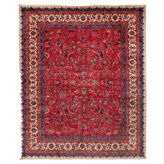 Magnifique tapis indien ancien de Lahore rouge rubis avec motif sur toute sa surface 
