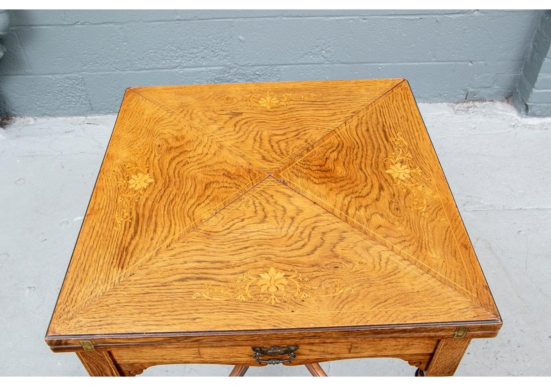 Fine Antique Inlaid Oak Handkerchief Table For Sale 1