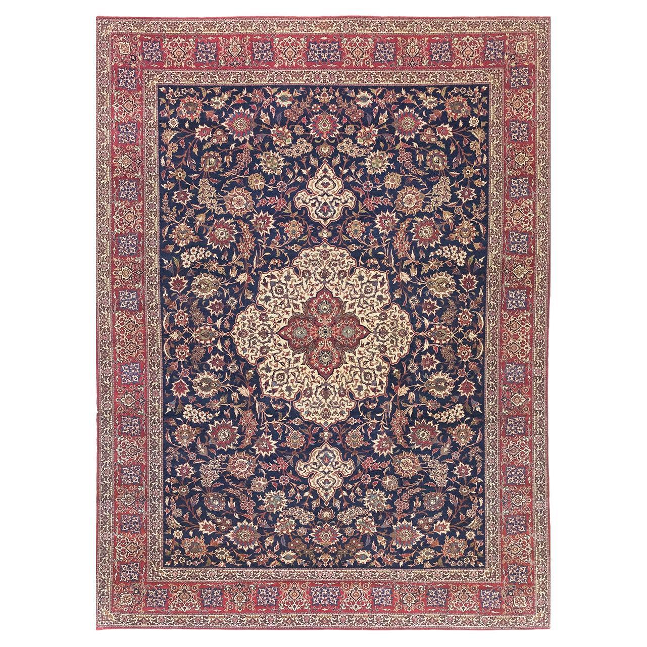 Fine Antique Isfahan Rug, Hand Knotted, 13.7 × 10.2 ft – Navy, Ivory and Red For Sale