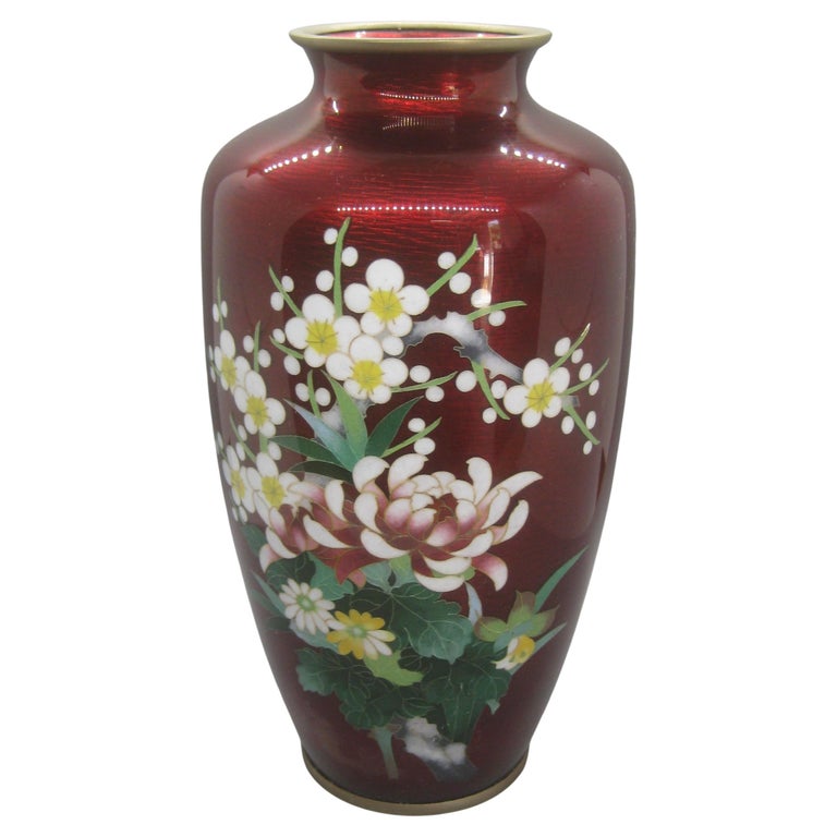 Fine Antique Japanese Cloisonne Ginbari Pigeon Blood Enamel Vase Big For Sale