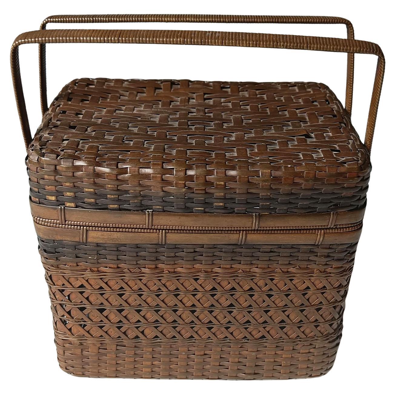 Fine Antique Japanese woven copper box basket Asian Antiques Ikebana 中国古董 en vente