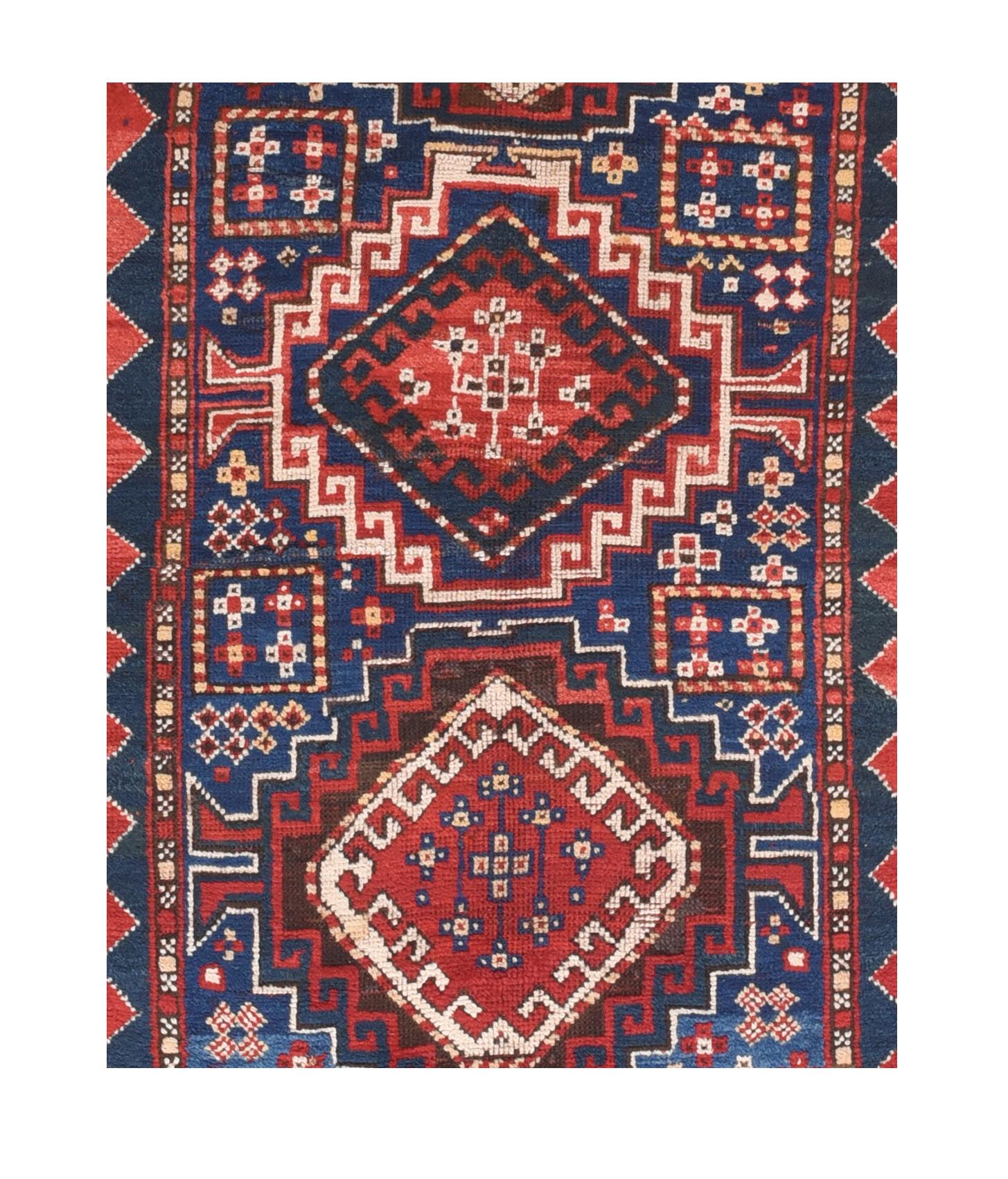 Antique Caucasian rugs were woven by tribal weavers of the south Russian region, near the Caucasus mountains, between the Black and Caspian seas. Although, Caucasian carpets were made by many different tribal groups, they have many common