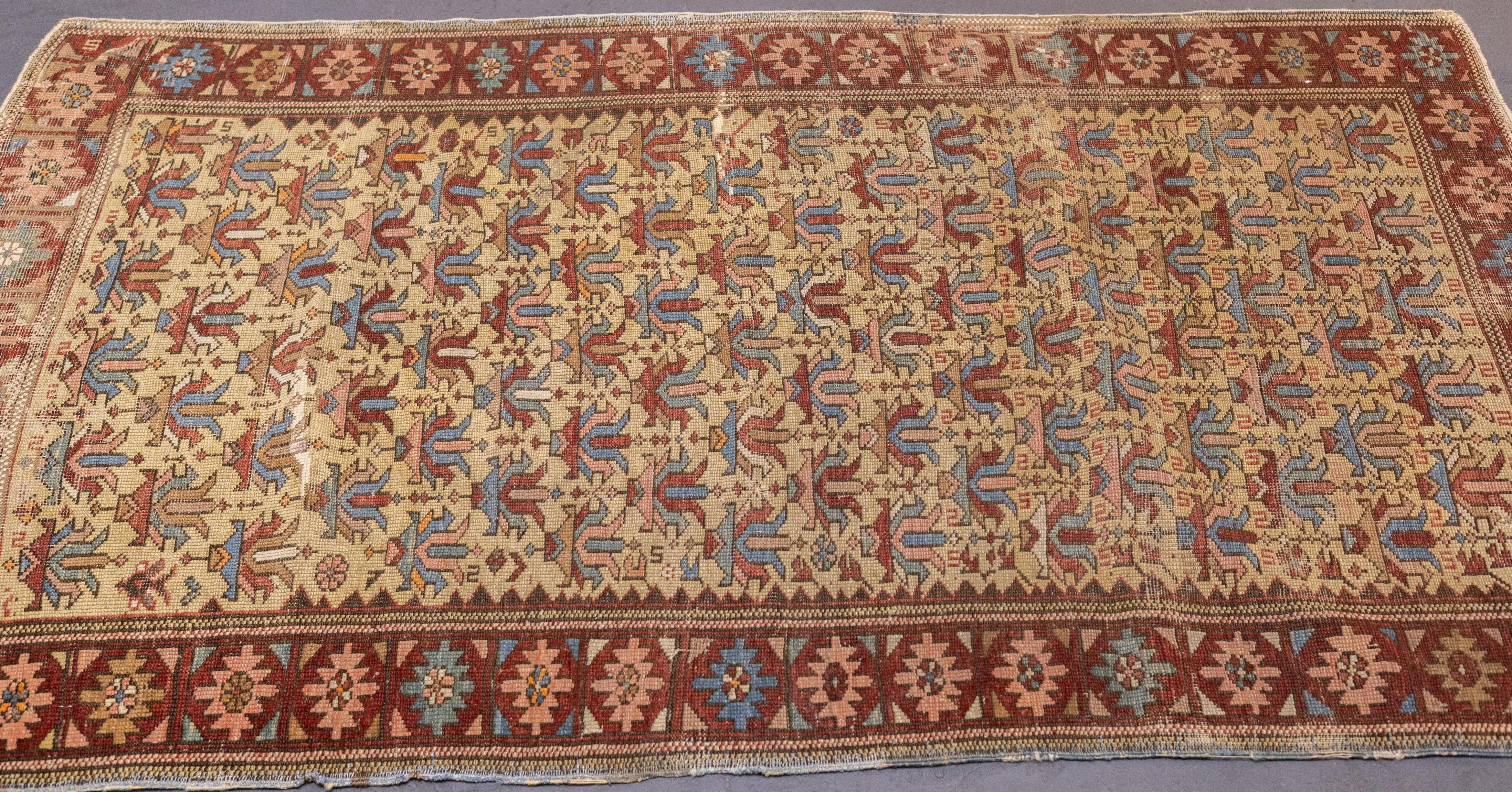 Hand-Knotted Fine Antique Kuba Shirvan Rug 3'5'' x 5'7'' For Sale