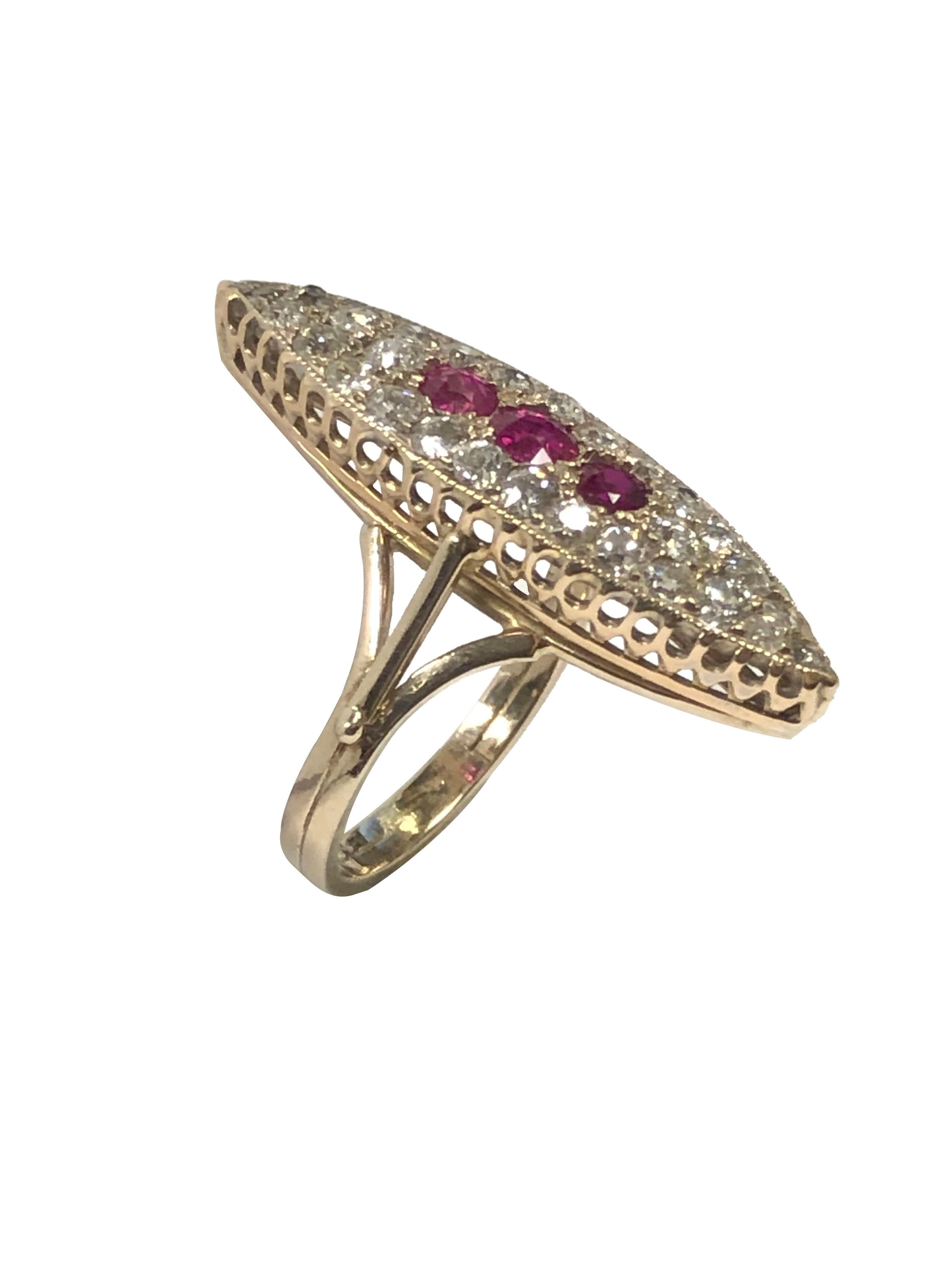 Late Victorian Fine Antique Large Yellod Gold Diamond and Ruby Navette Ring For Sale