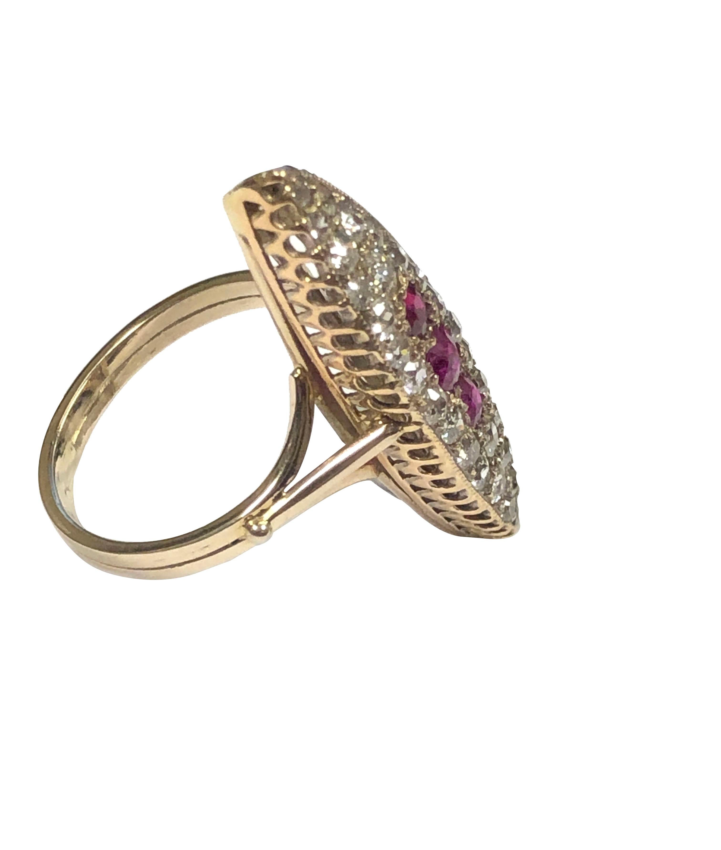 Old Mine Cut Fine Antique Large Yellod Gold Diamond and Ruby Navette Ring For Sale